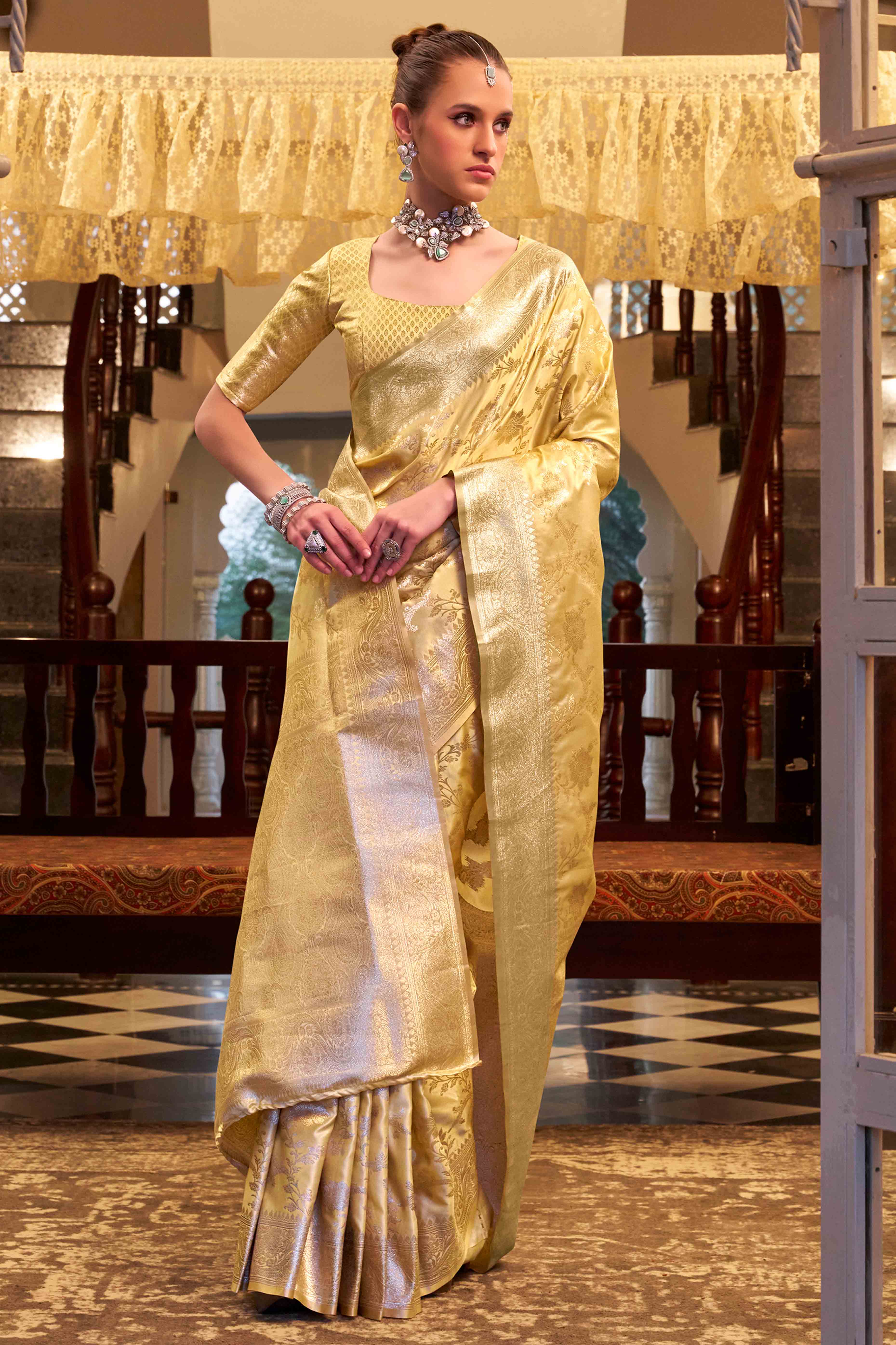 Golden Mustard Soft Satin Saree Featuring Exquisite Zari Weaving Work