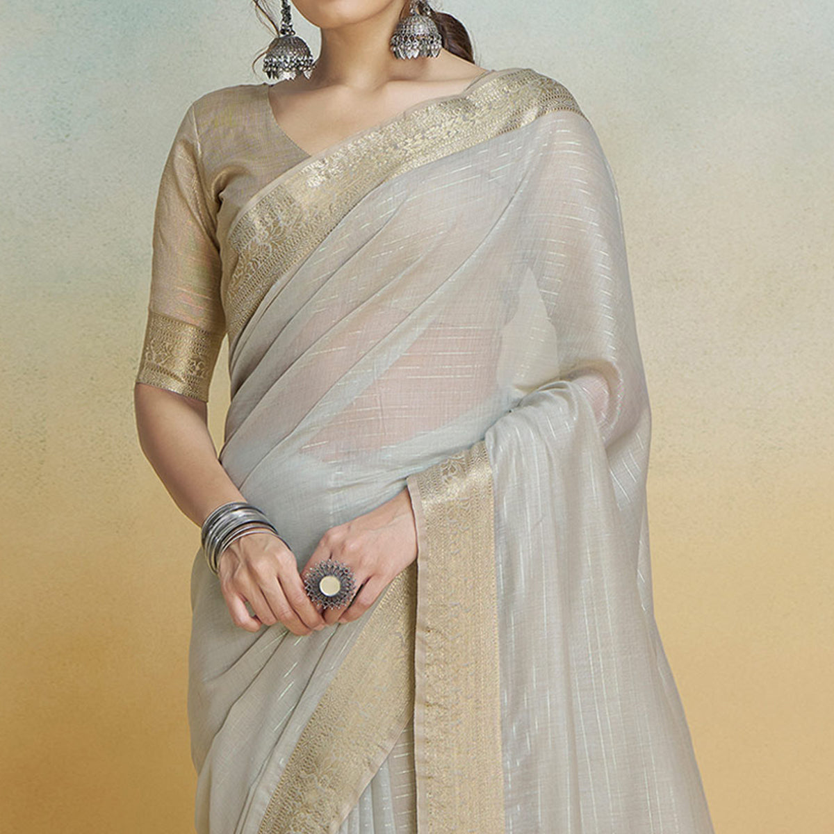 Light Grey Woven Cotton Silk Saree With Tassels