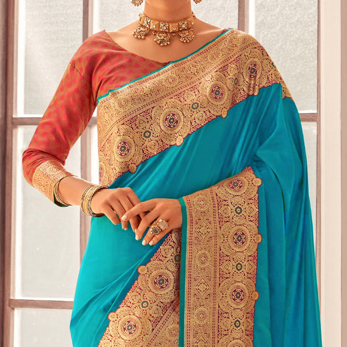 Blue Floral Woven Banarasi Silk Saree With Tassels