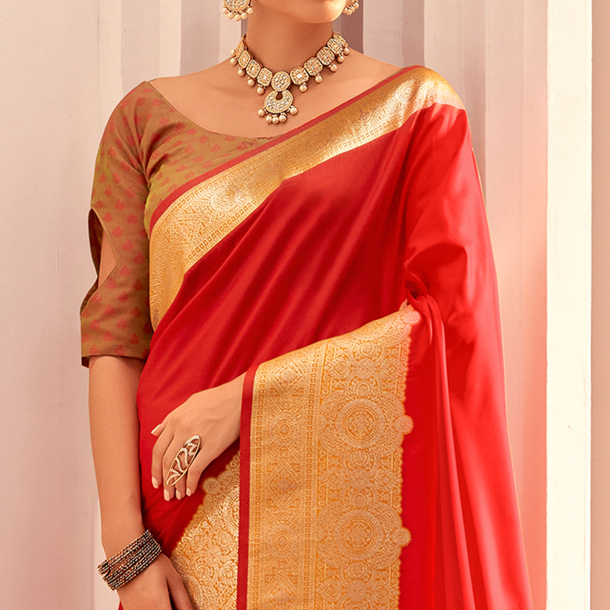 Red Floral Woven Banarasi Silk Saree With Tassels