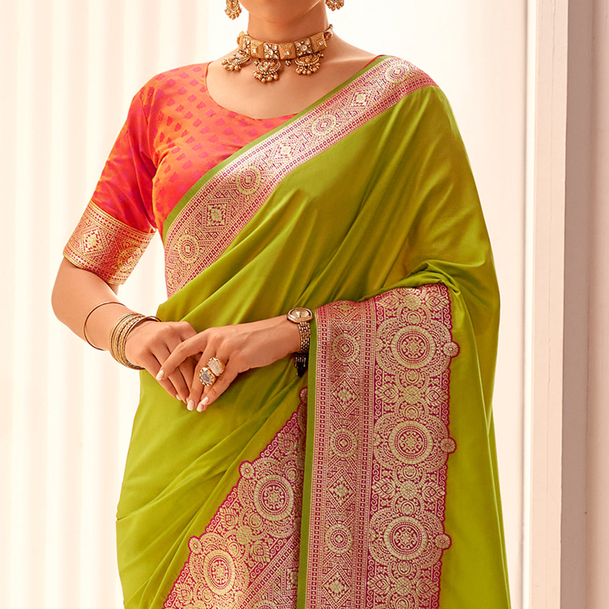 Green Floral Woven Banarasi Silk Saree With Tassels