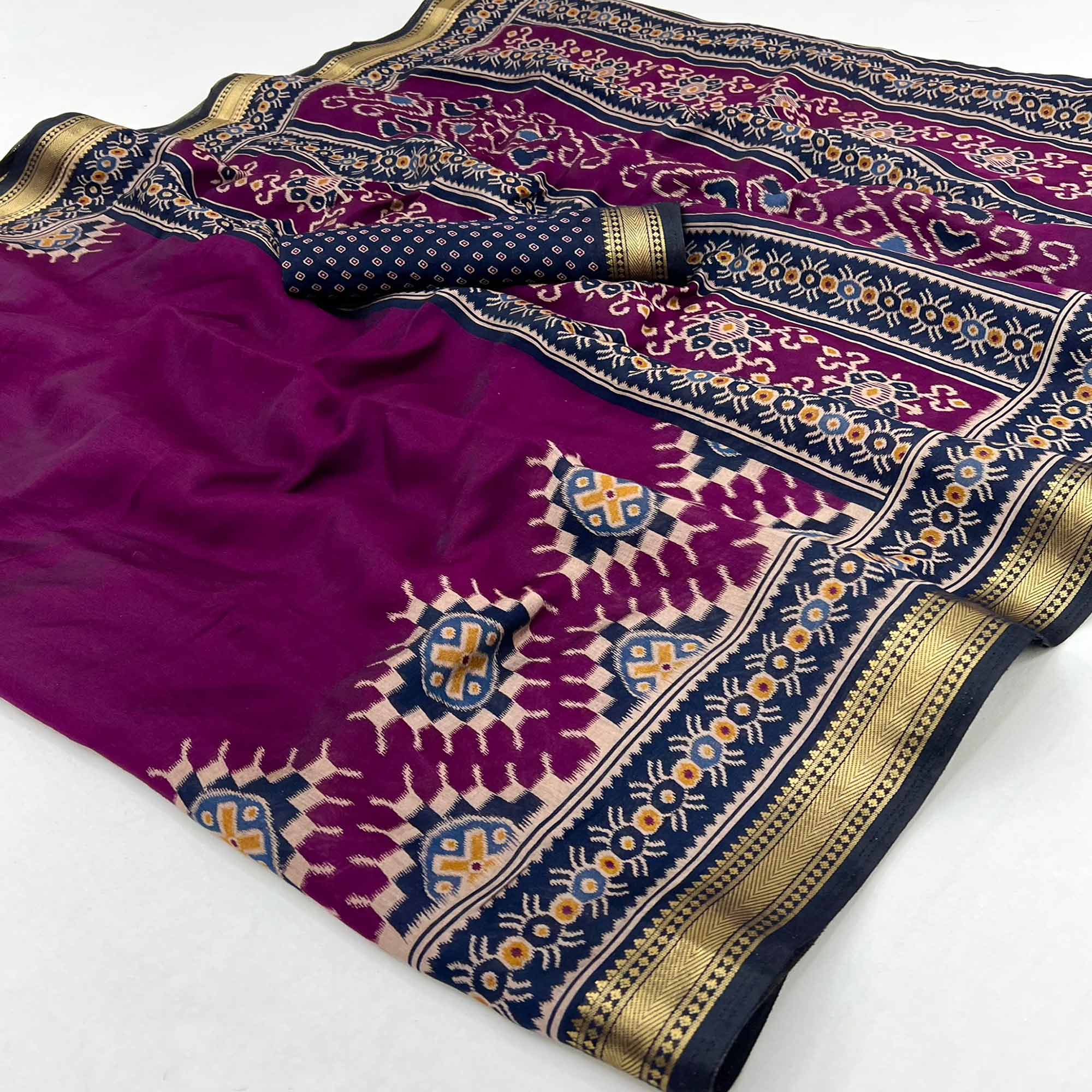 Dark Purple Patola Print Mulmul Cotton Saree with Shimmering Zari Trim