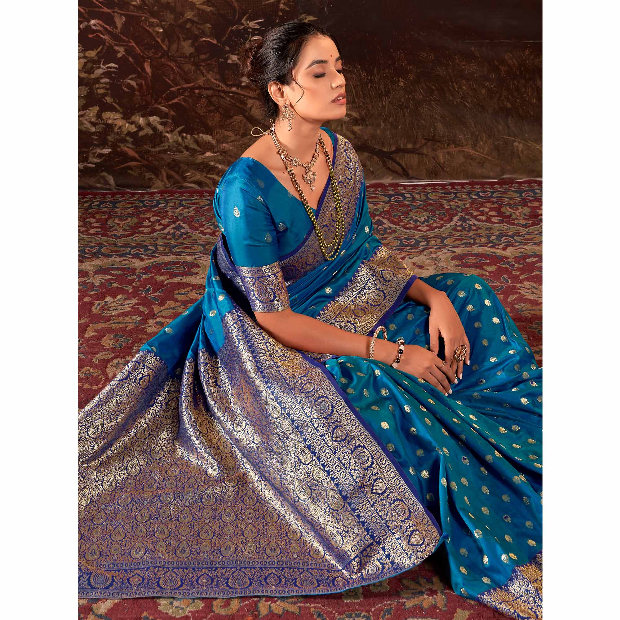 Peacock Blue Woven Butti Work Banarasi Silk Saree