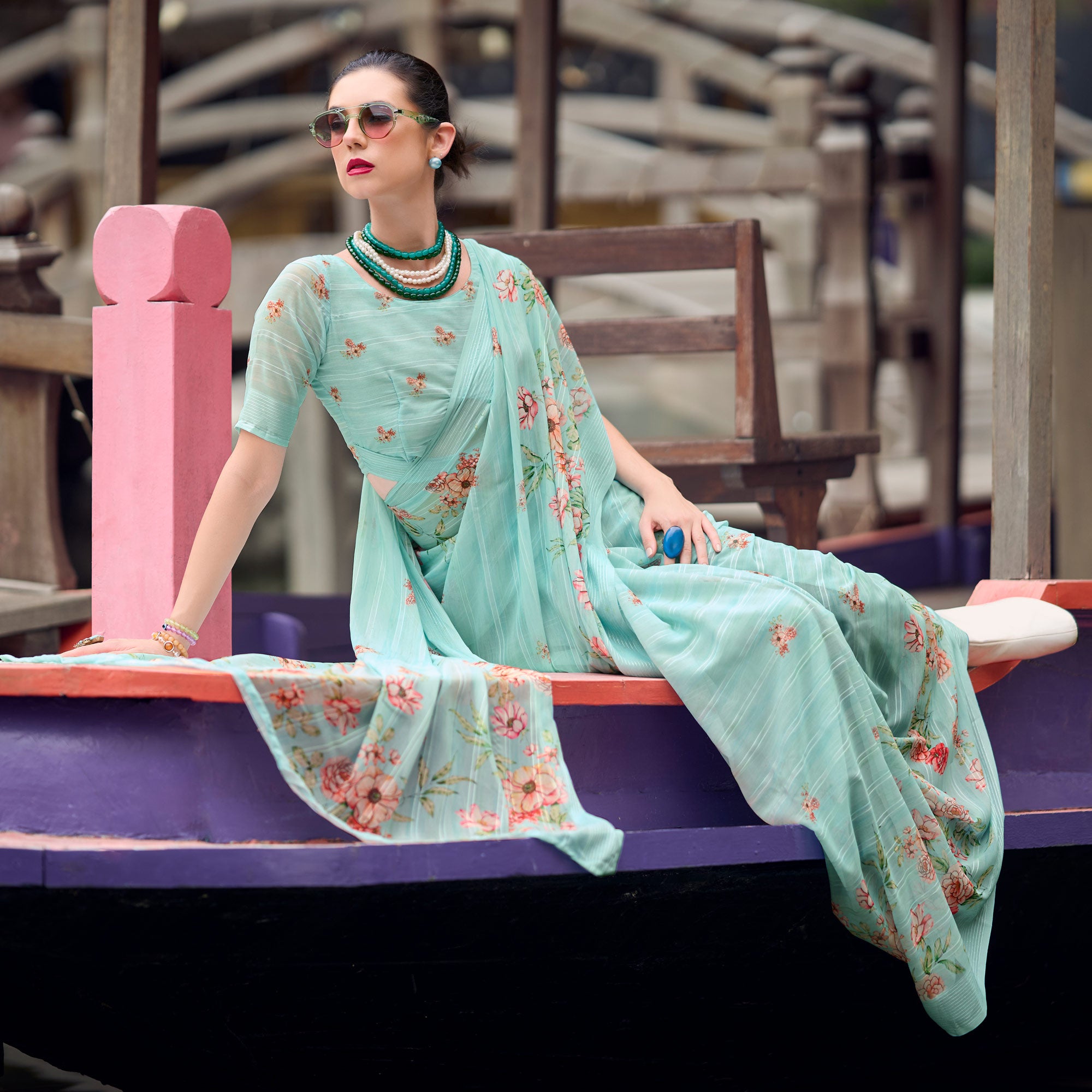 Blue Floral Digital Printed Georgette Saree