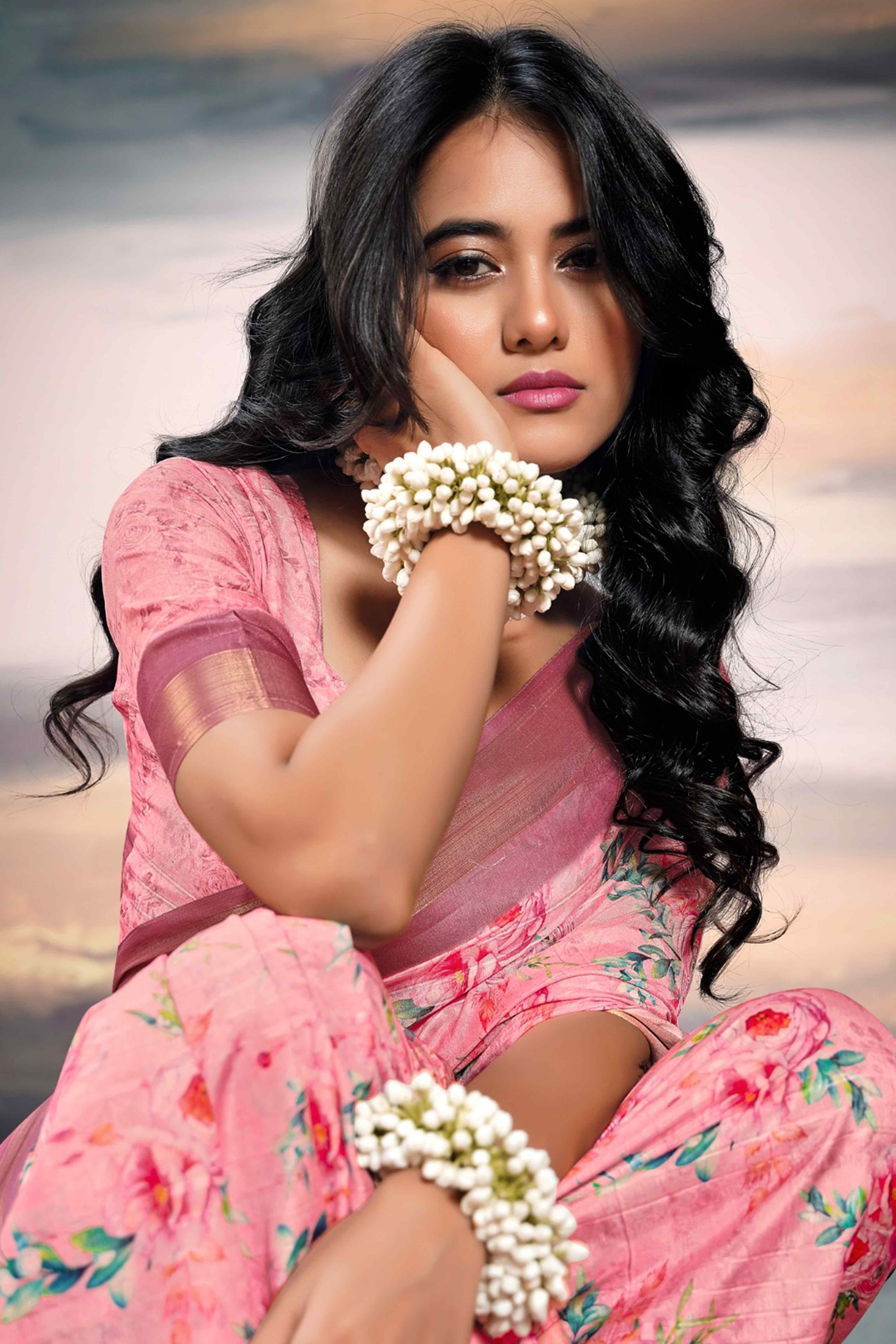 Pink Digital Printed Saree in Soft Cotton Silk Fabric
