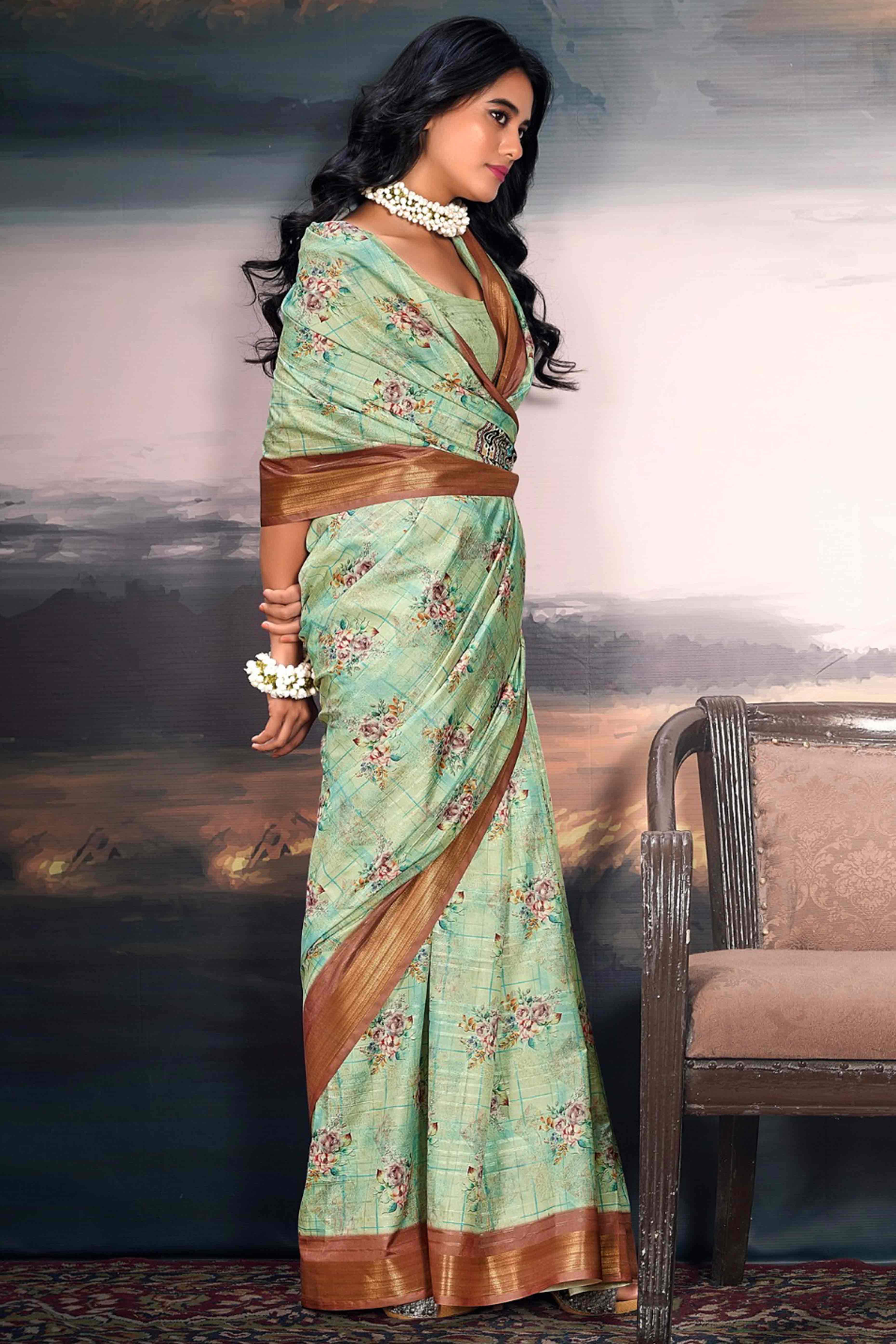 Sea Green Digital Printed Saree in Soft Cotton Silk Fabric