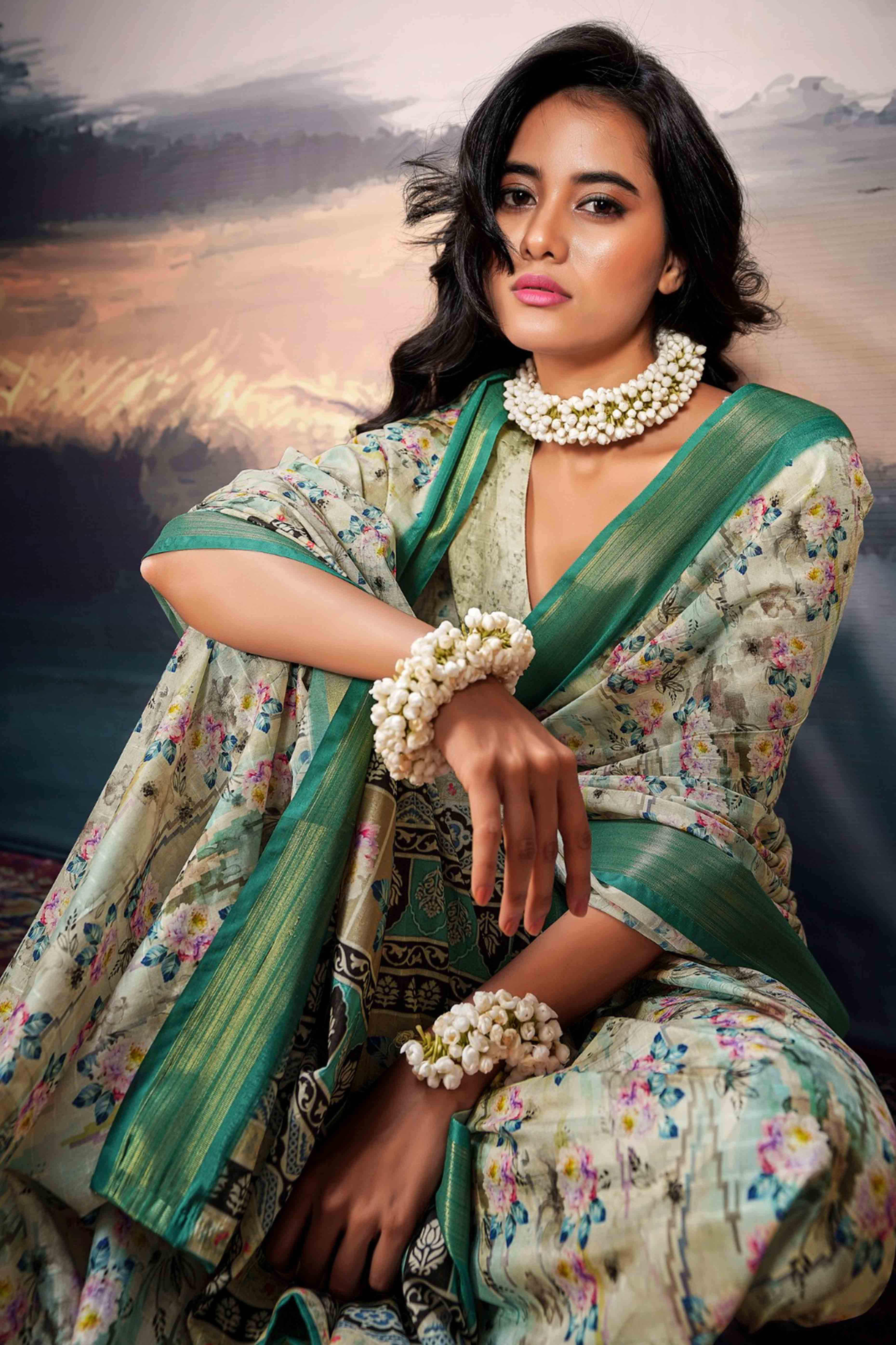 Light Green Digital Printed Saree in Soft Cotton Silk Fabric