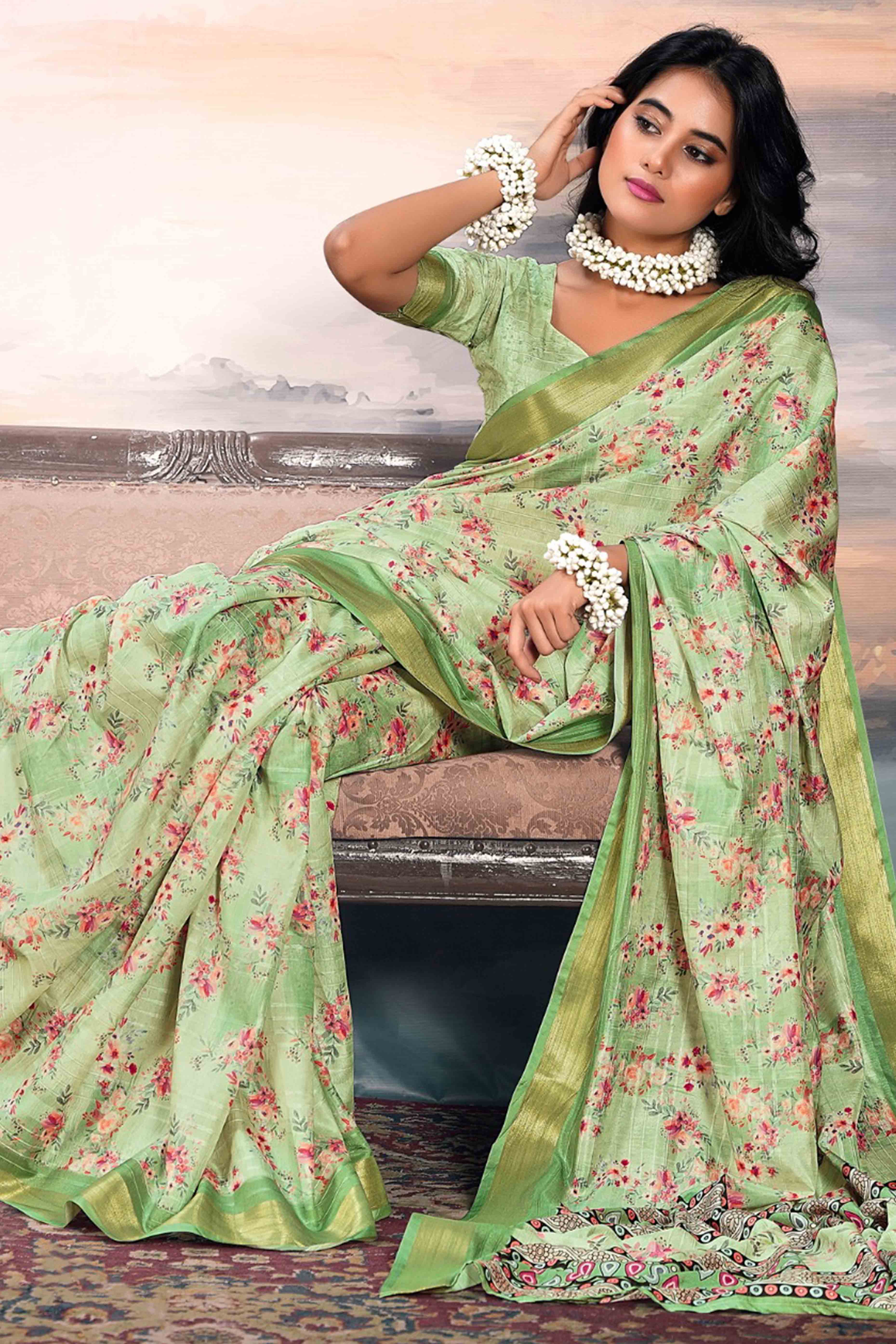 Green Digital Printed Saree in Soft Cotton Silk Fabric