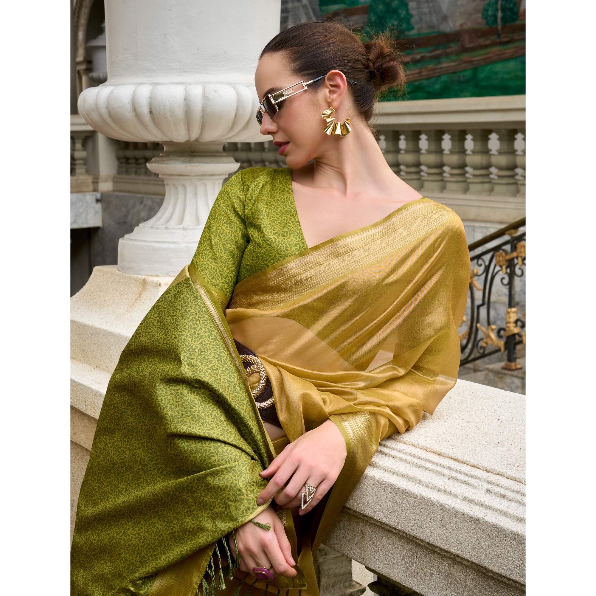 Olive Green Woven Tissue Silk Saree With Tassels