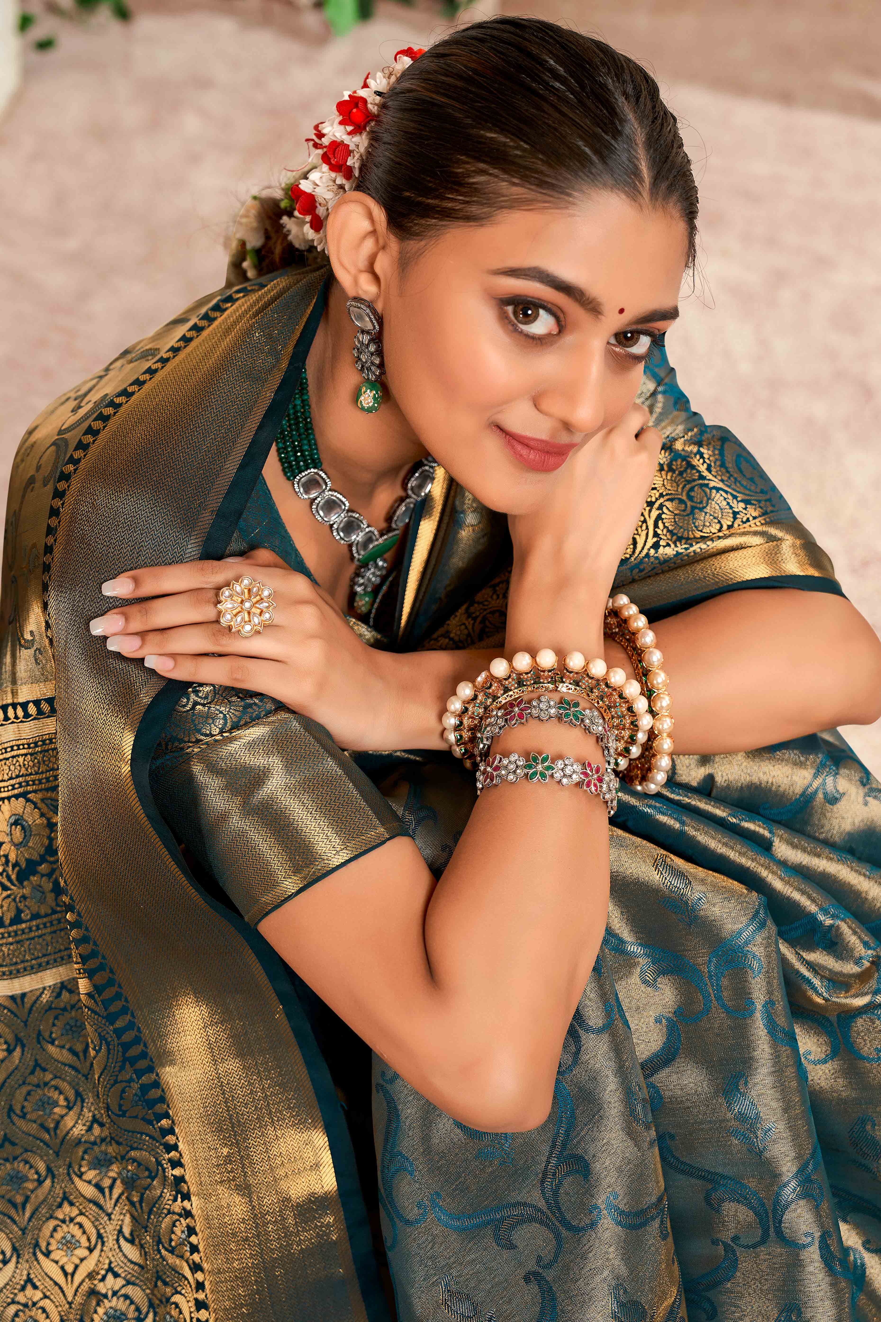 Teal Blue Kanjivaram Silk Saree With Lustrous Zari Artistry