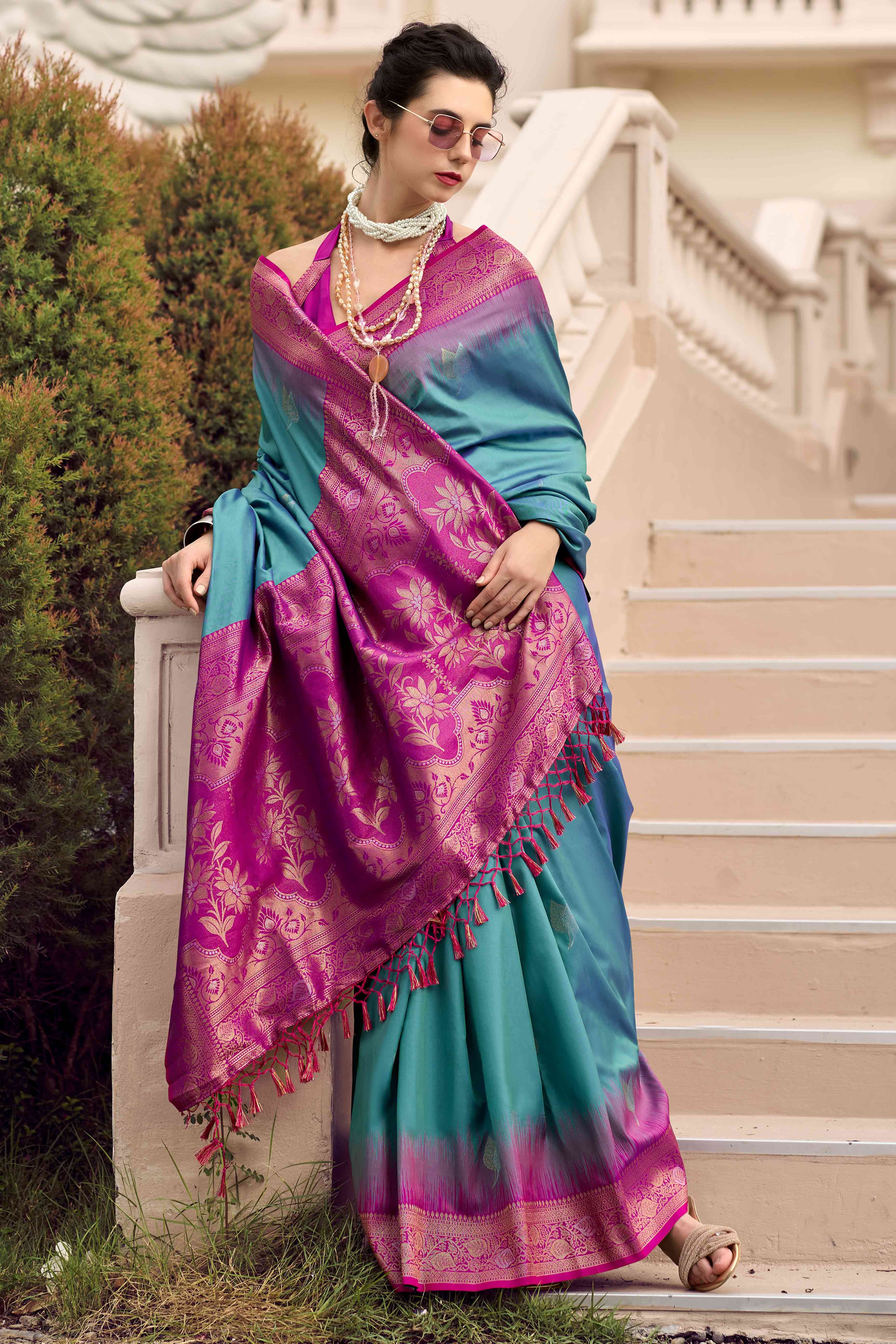 Dusty Teal Zari Weaving Pure Silk Saree