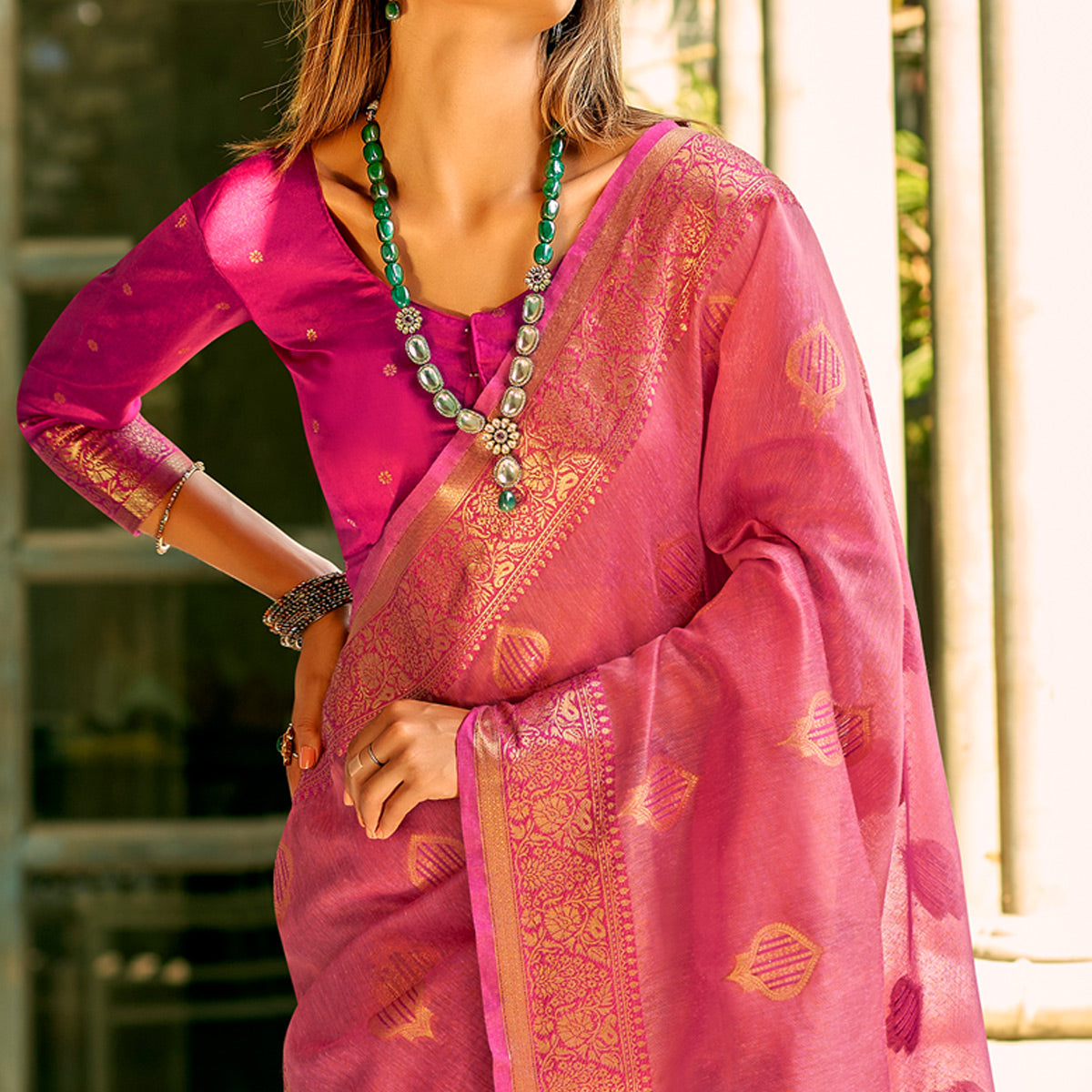 Pink Floral Woven Tissue Silk Saree With Tassels