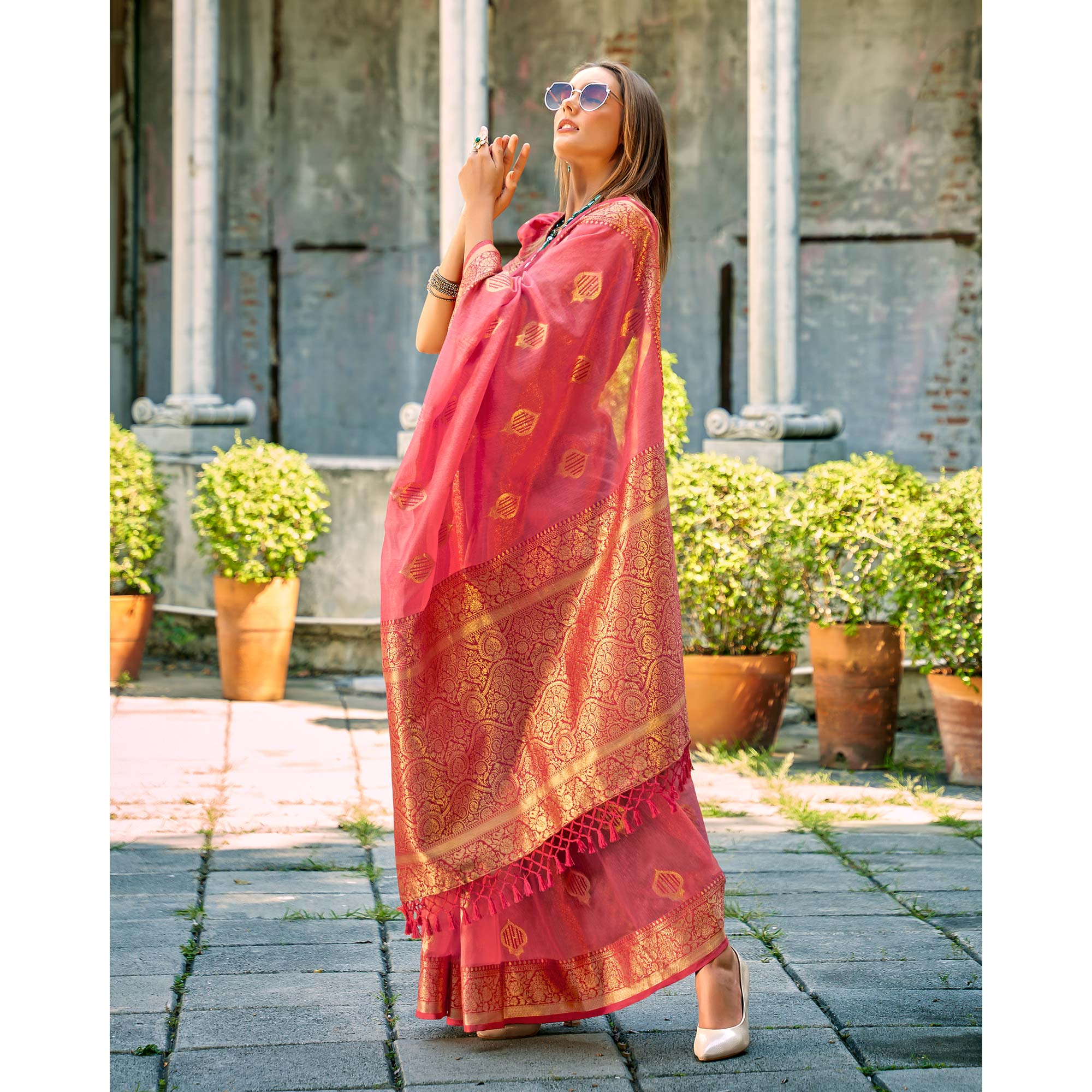 Gajari Pink Floral Woven Tissue Silk Saree With Tassels