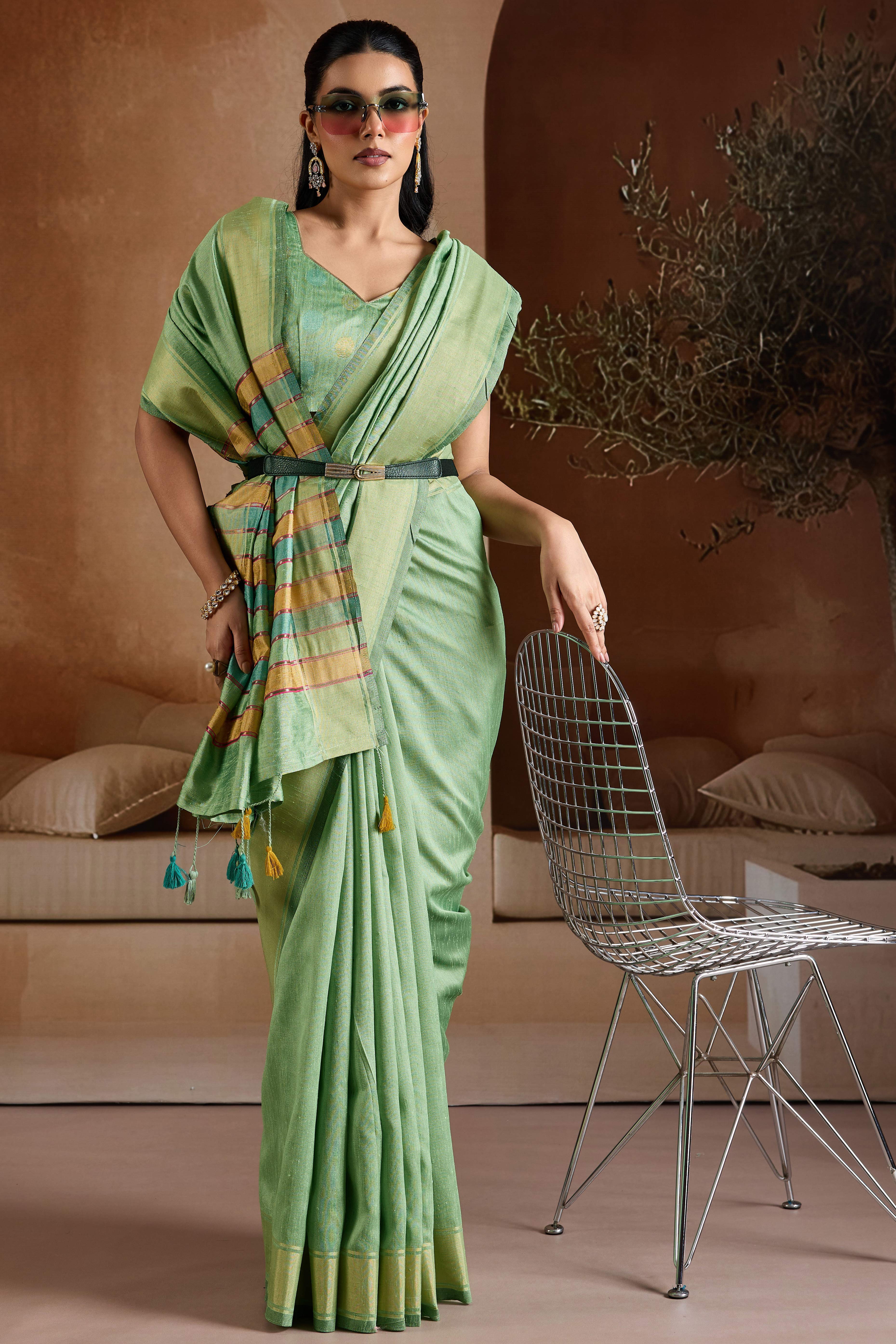 Graceful Green Zari Woven Bhagalpuri Silk Saree Accented With Tassel Pallu