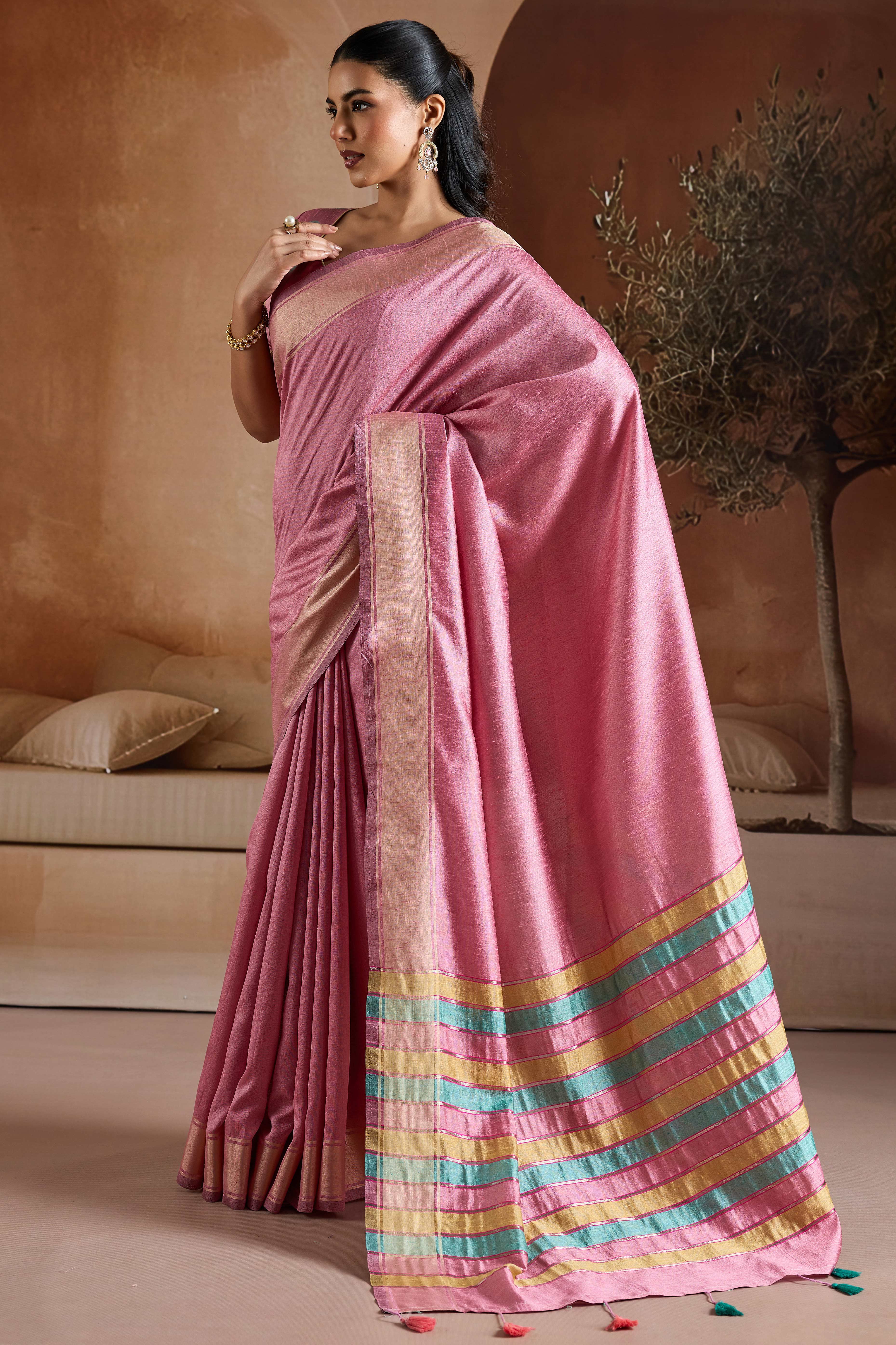 Graceful Pink Zari Woven Bhagalpuri Silk Saree Accented With Tassel Pallu
