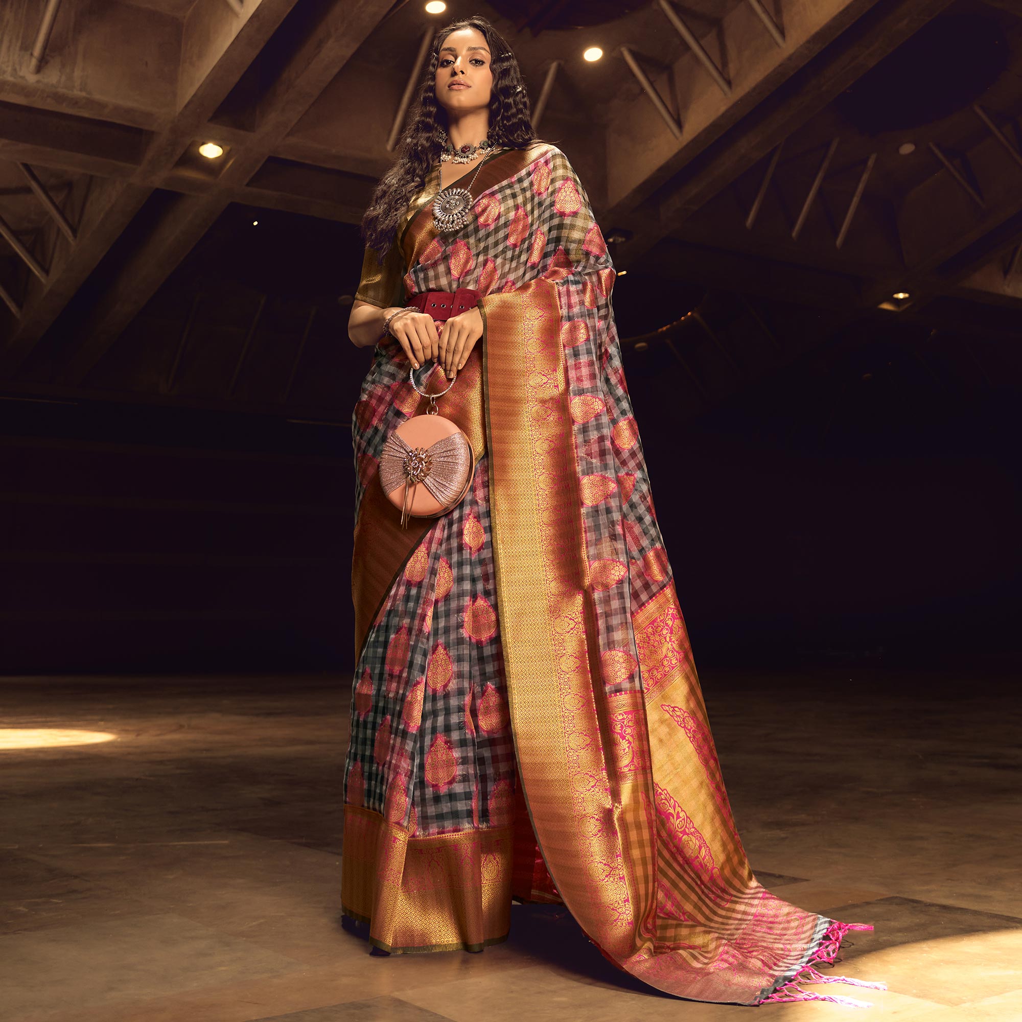 Rani Pink Checks Woven Organza Saree With Tassels