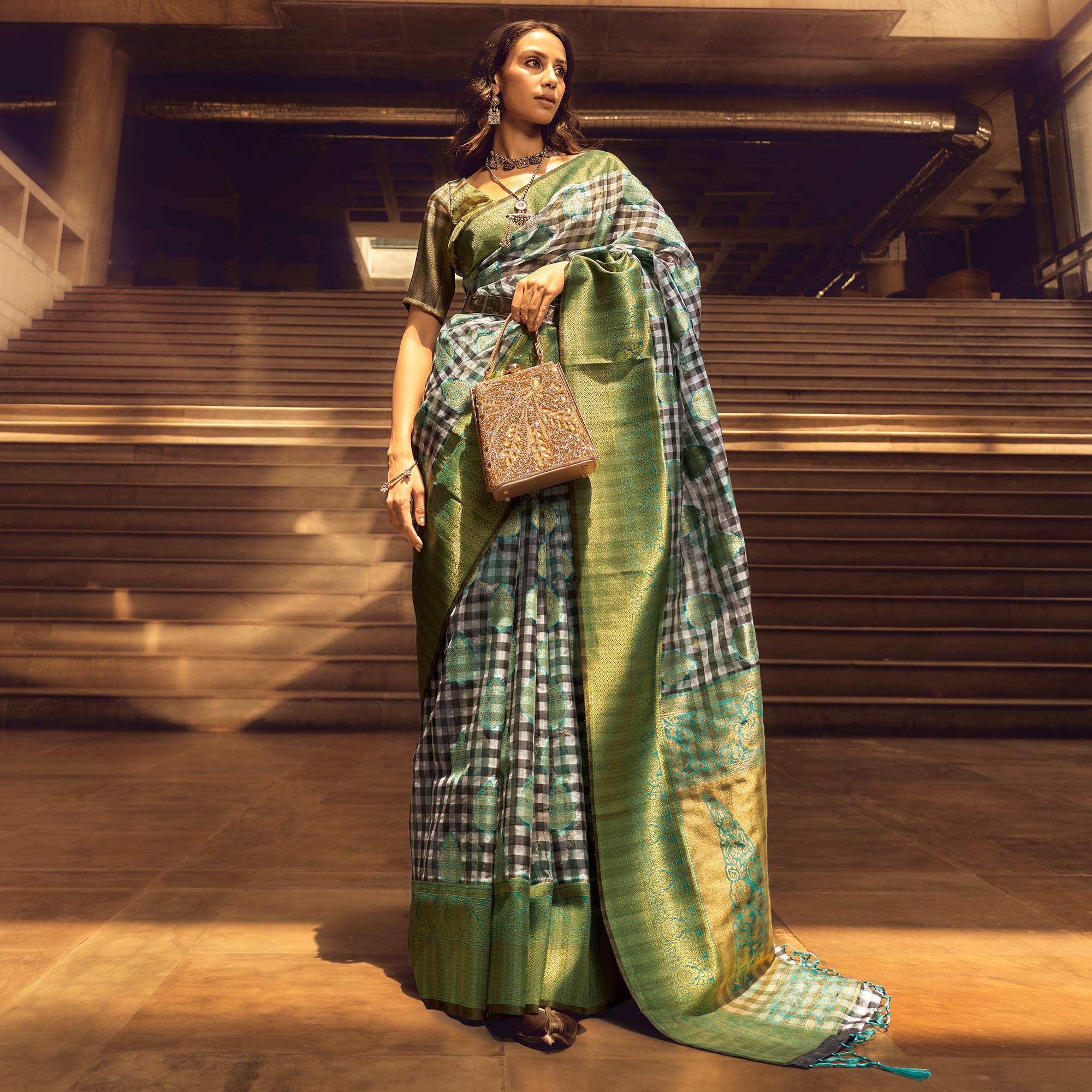 Green Checks Woven Organza Saree With Tassels