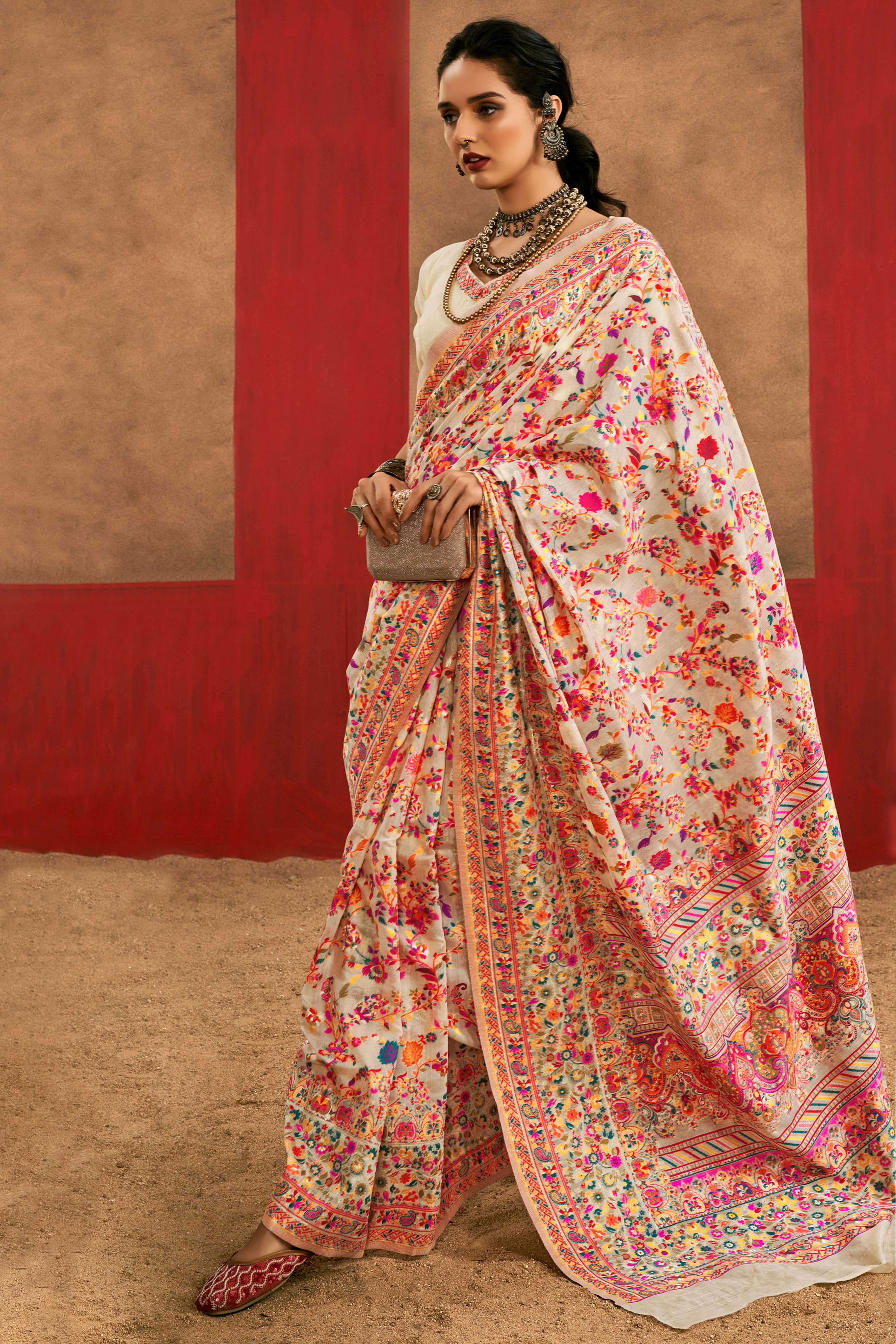 Graceful Offwhite Floral Weaving Pashmina Modal Cotton Blend Saree With Timeless Appeal