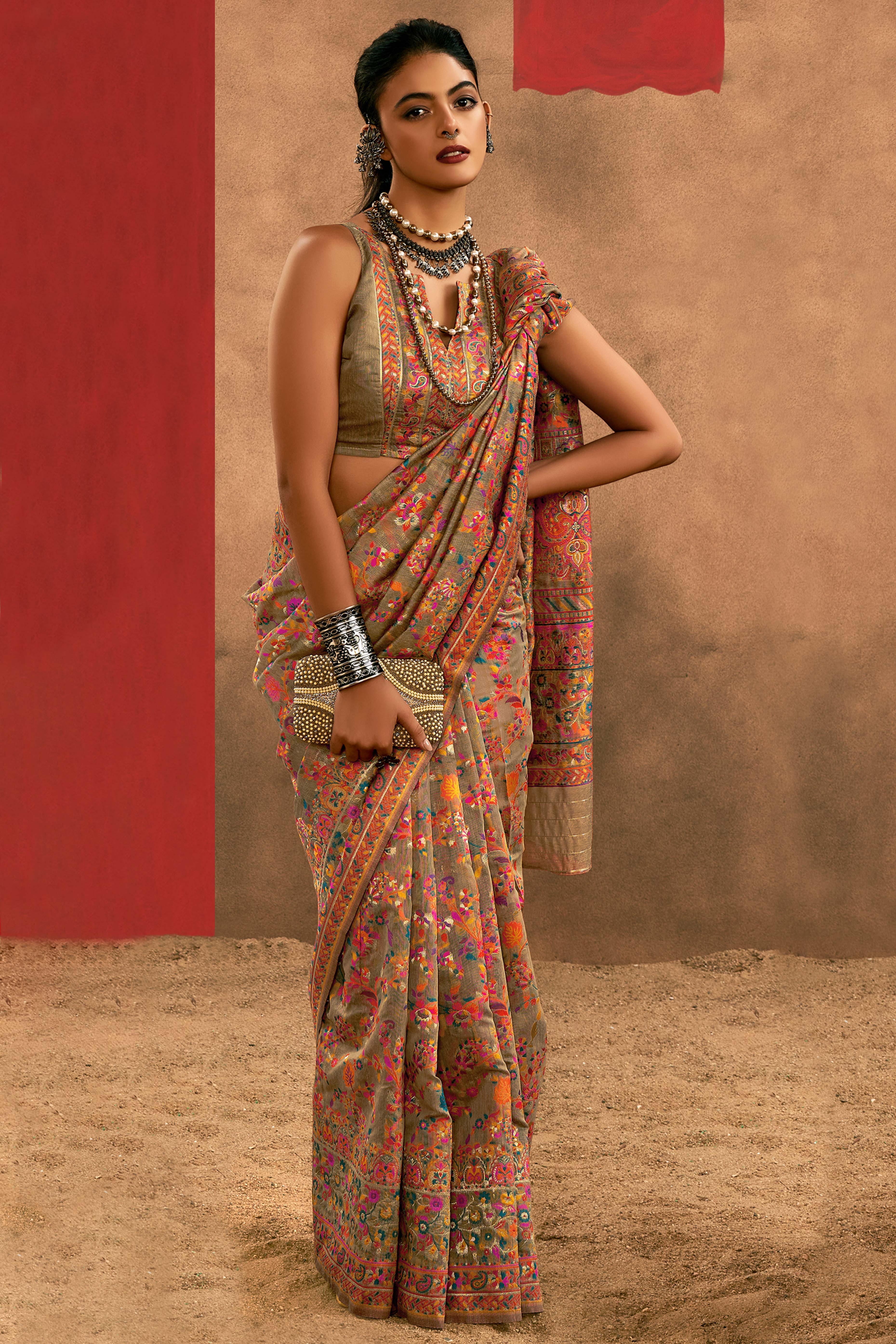 Graceful Dark Chikoo Floral Weaving Pashmina Modal Cotton Blend Saree With Timeless Appeal