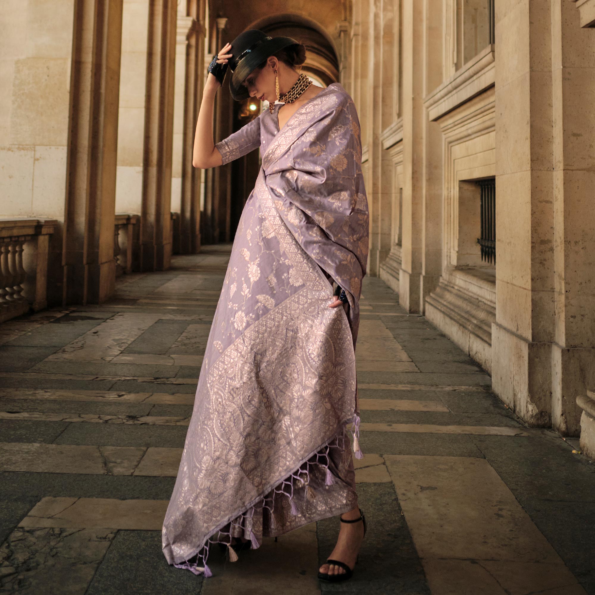 Purple Floral Woven Art Silk Saree With Tassels