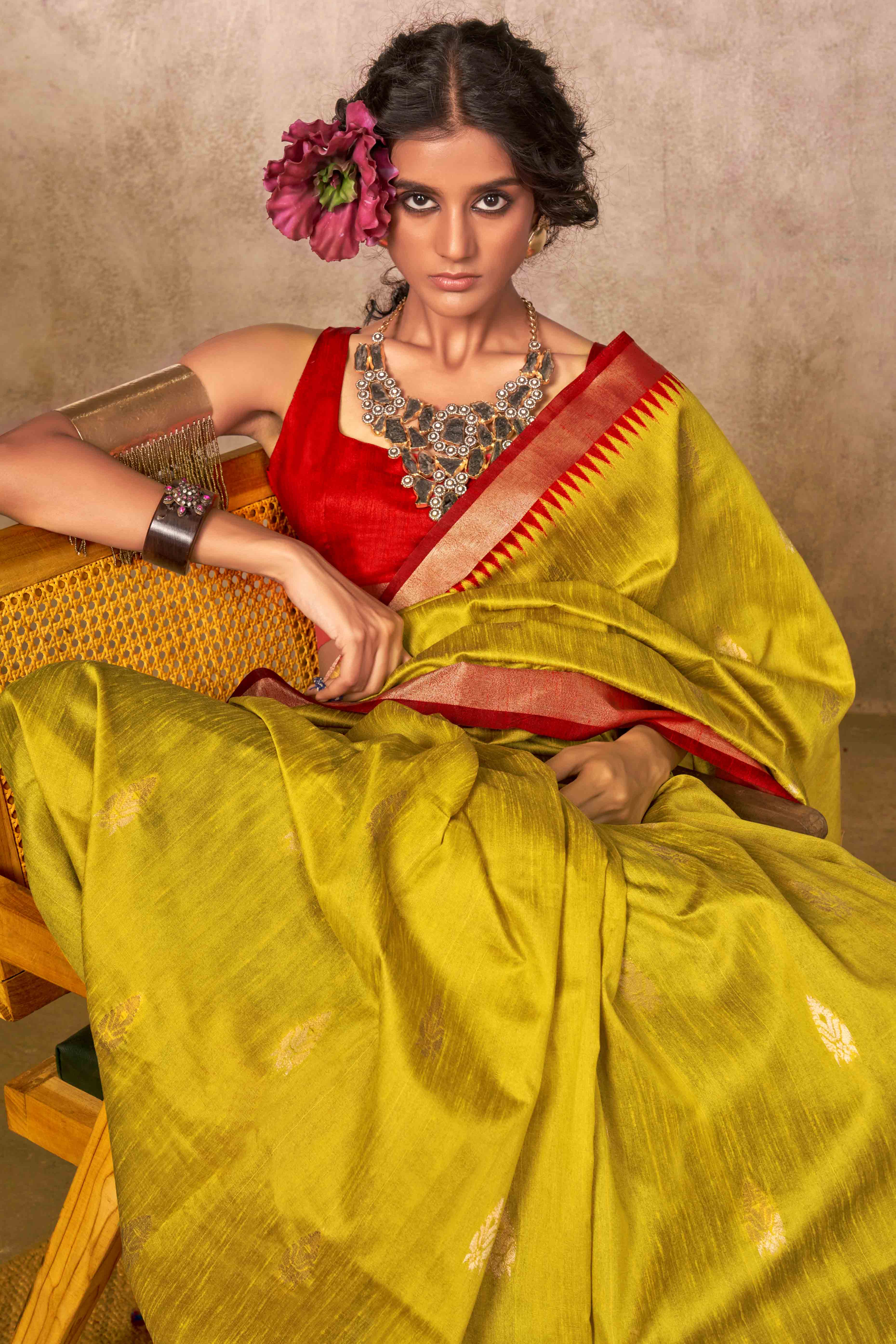 Traditional Bhagalpuri Silk Saree with Gadwal-Inspired Mustard Zari Weaving