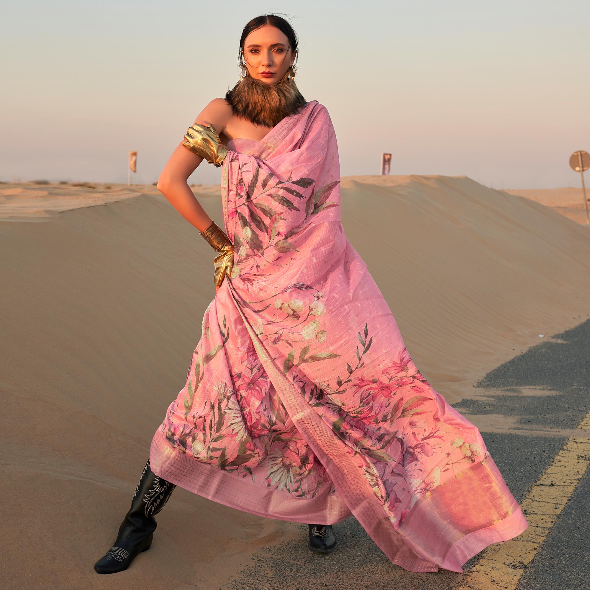 Pink Floral Digital Printed Linen Saree