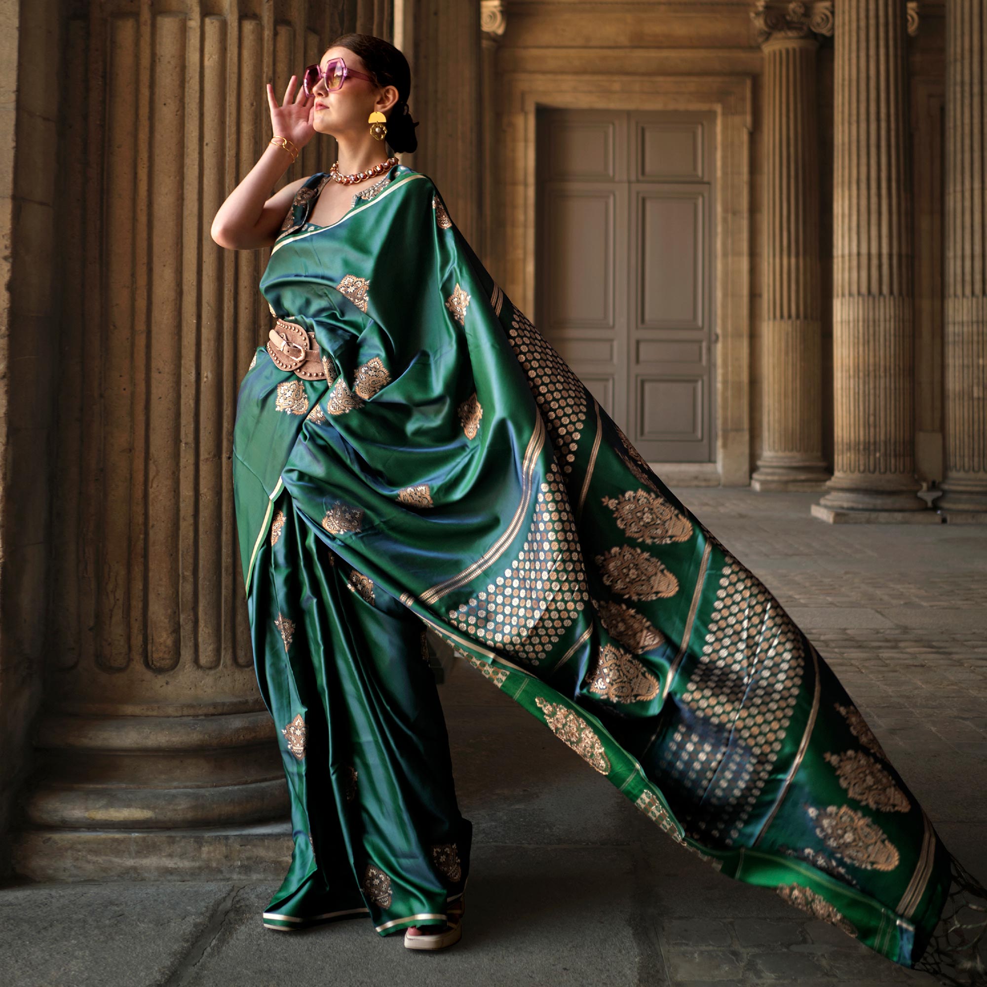 Green Floral Woven Satin Saree With Tassels