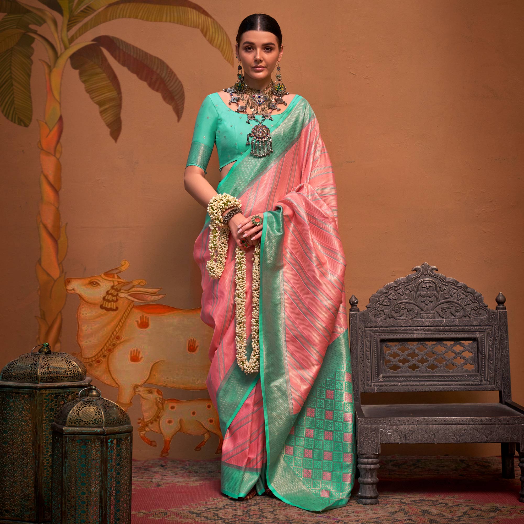 Peach Woven Art Silk Zari Saree
