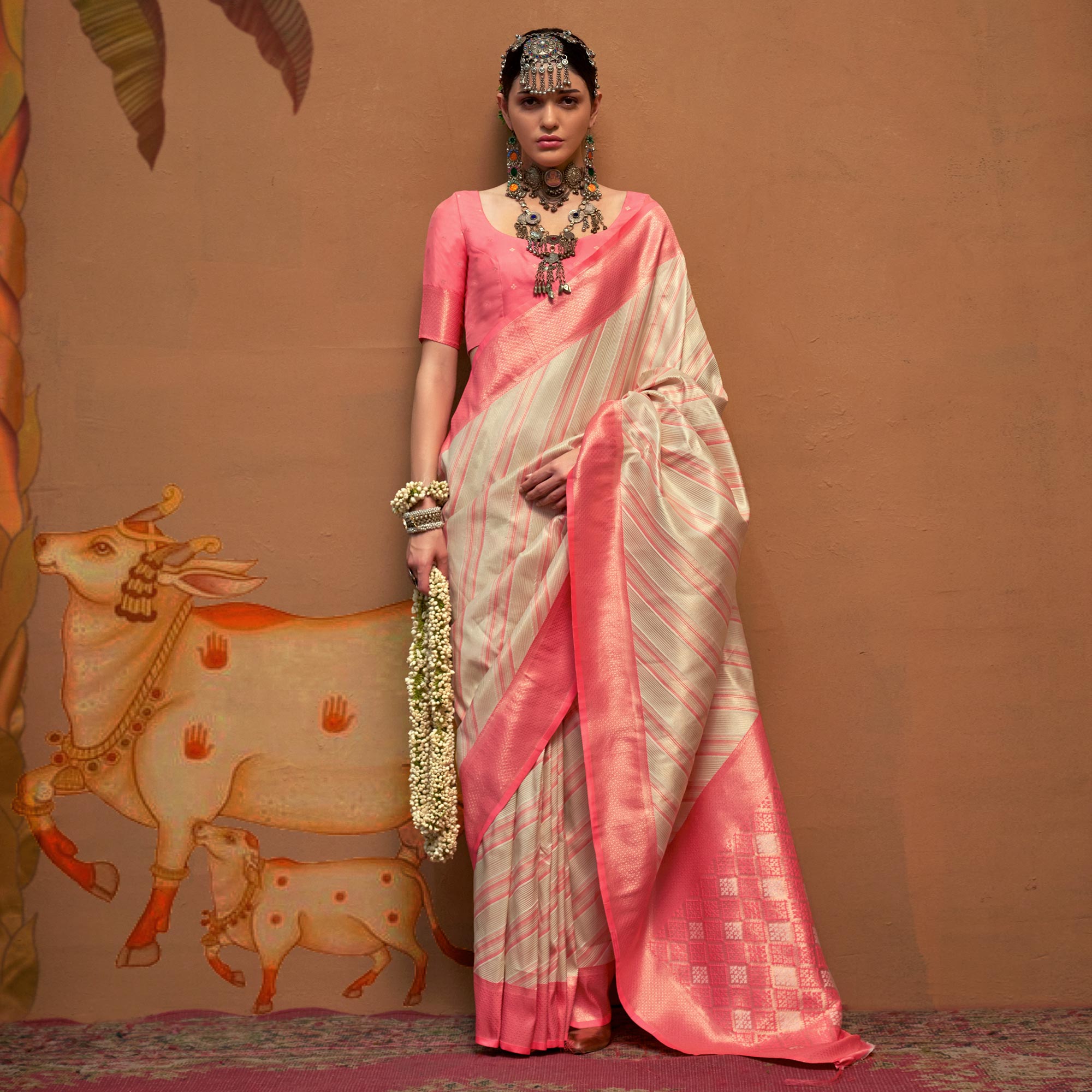 Beige Woven Art Silk Zari Saree