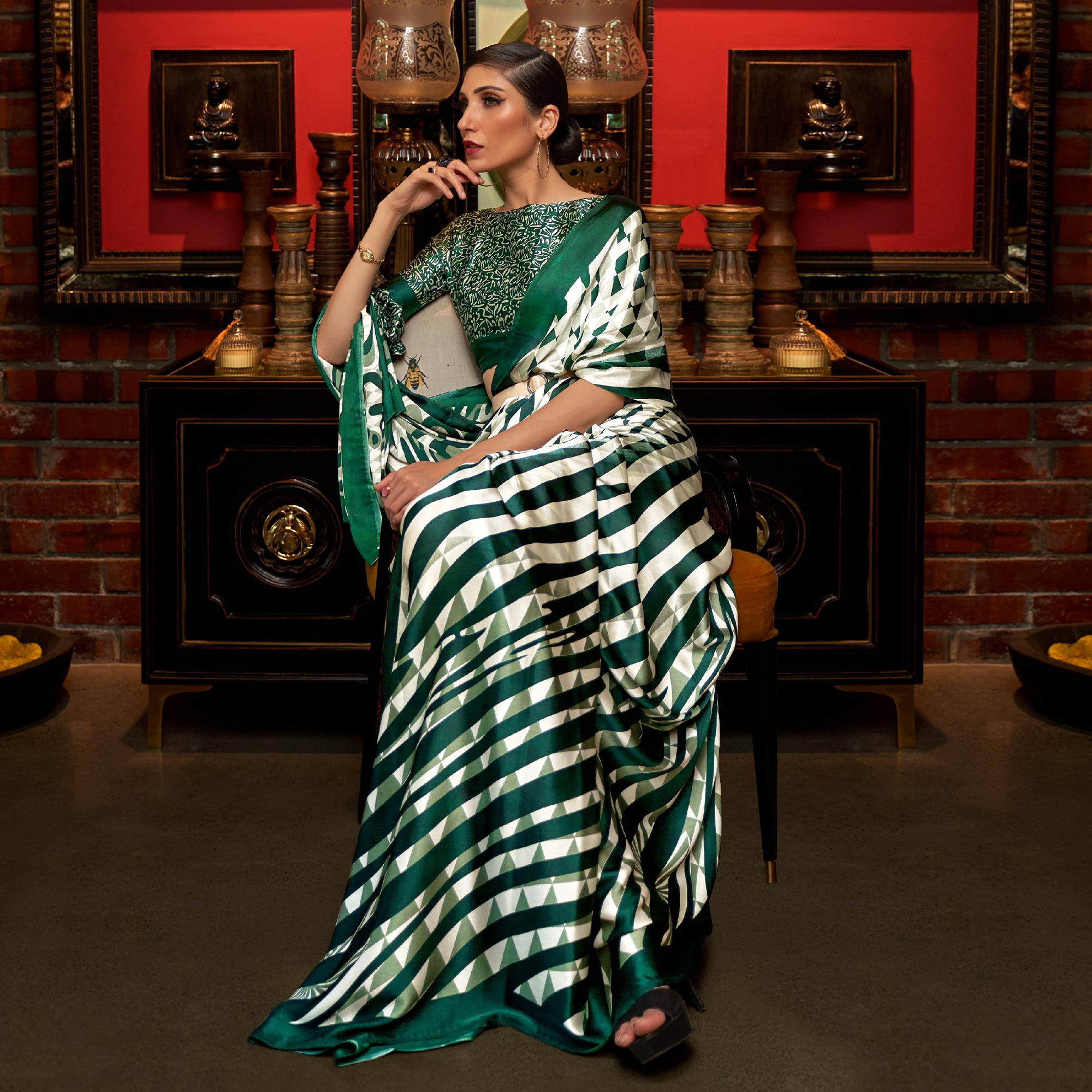 White & Green Striped Printed Satin Saree
