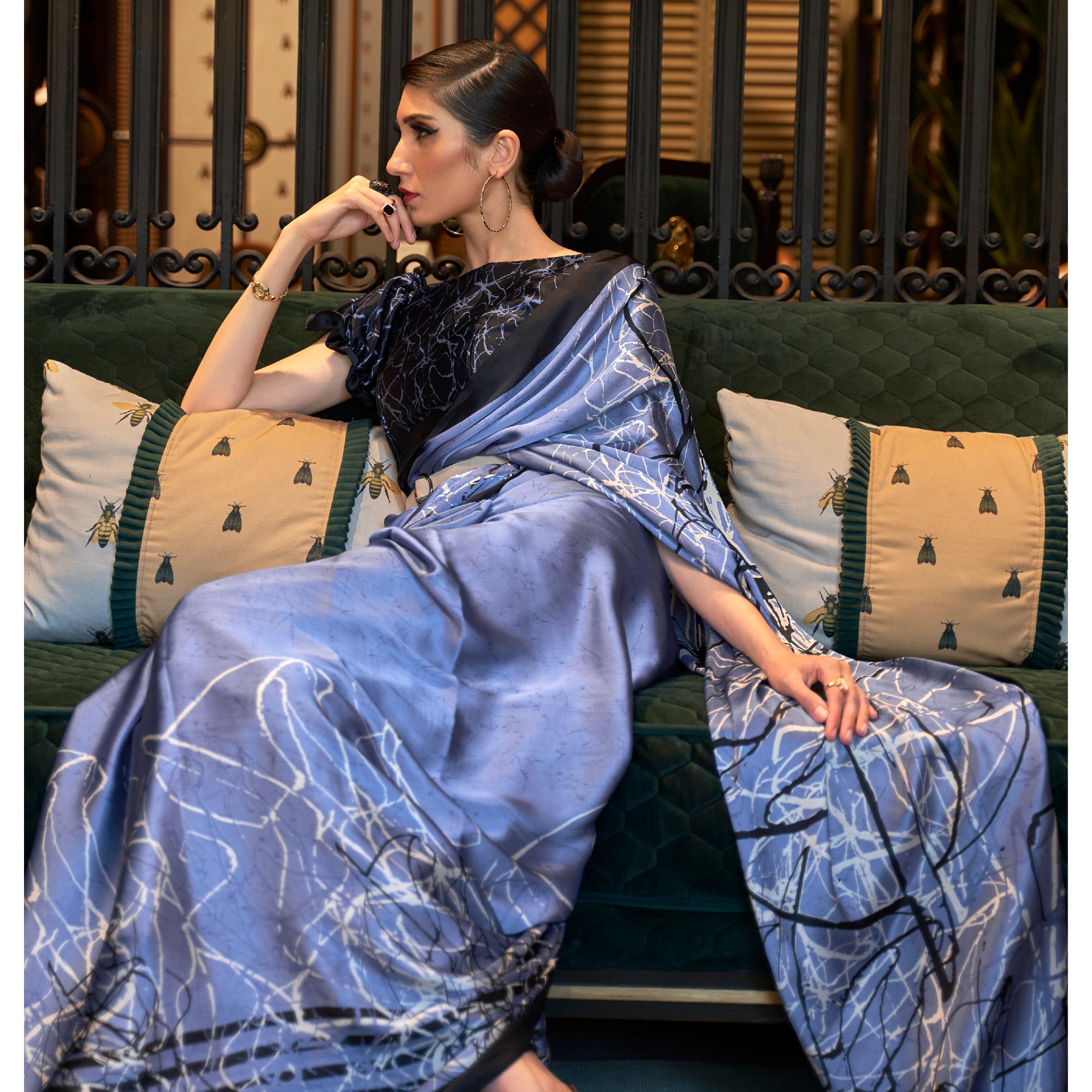 Lavender Blue Printed Satin Saree