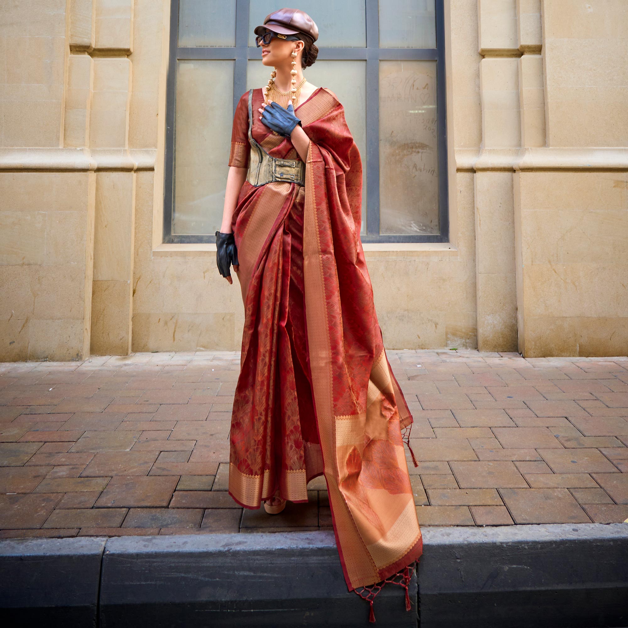 Rust Zari Woven Organza Saree Tassels