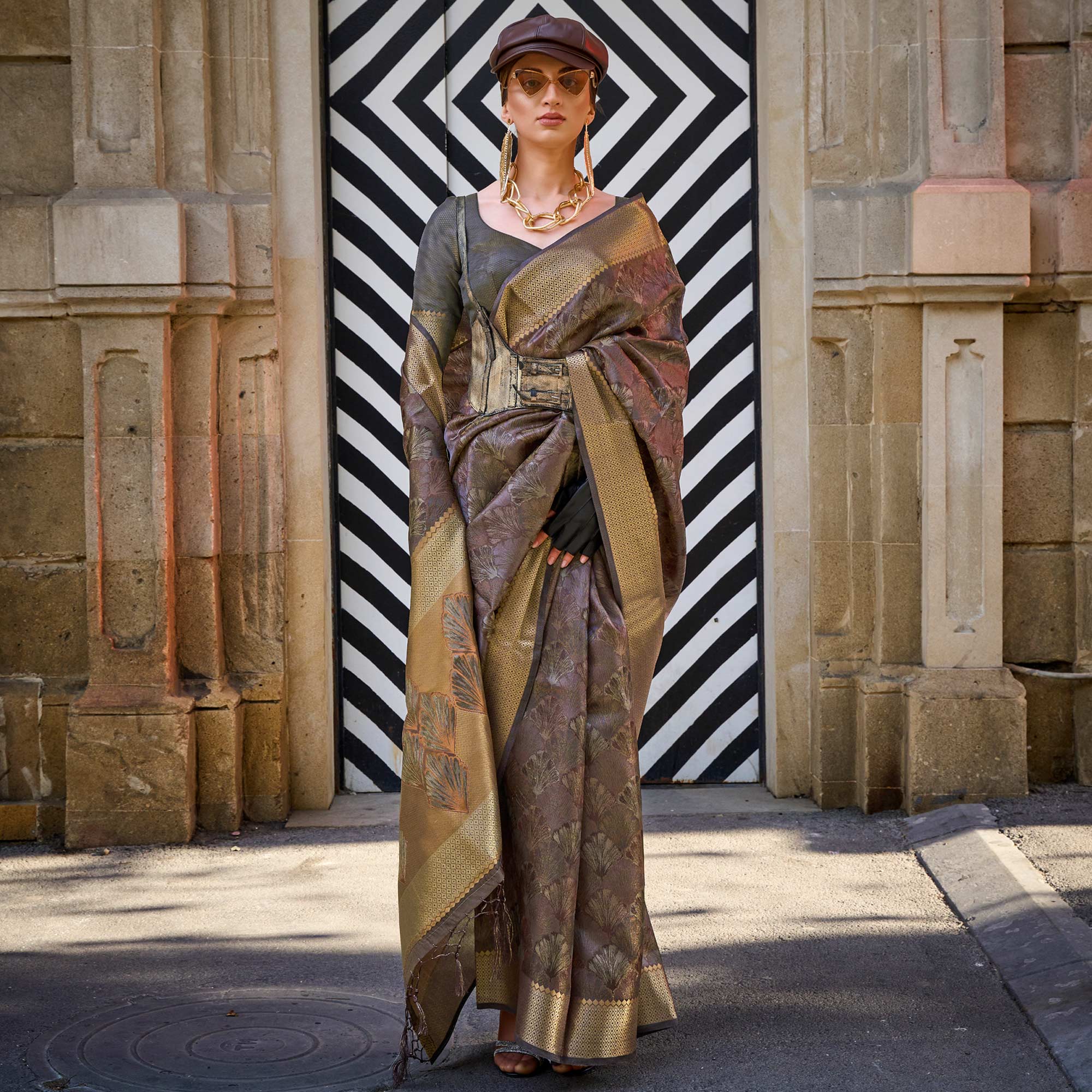 Brown Zari Woven Organza Saree Tassels