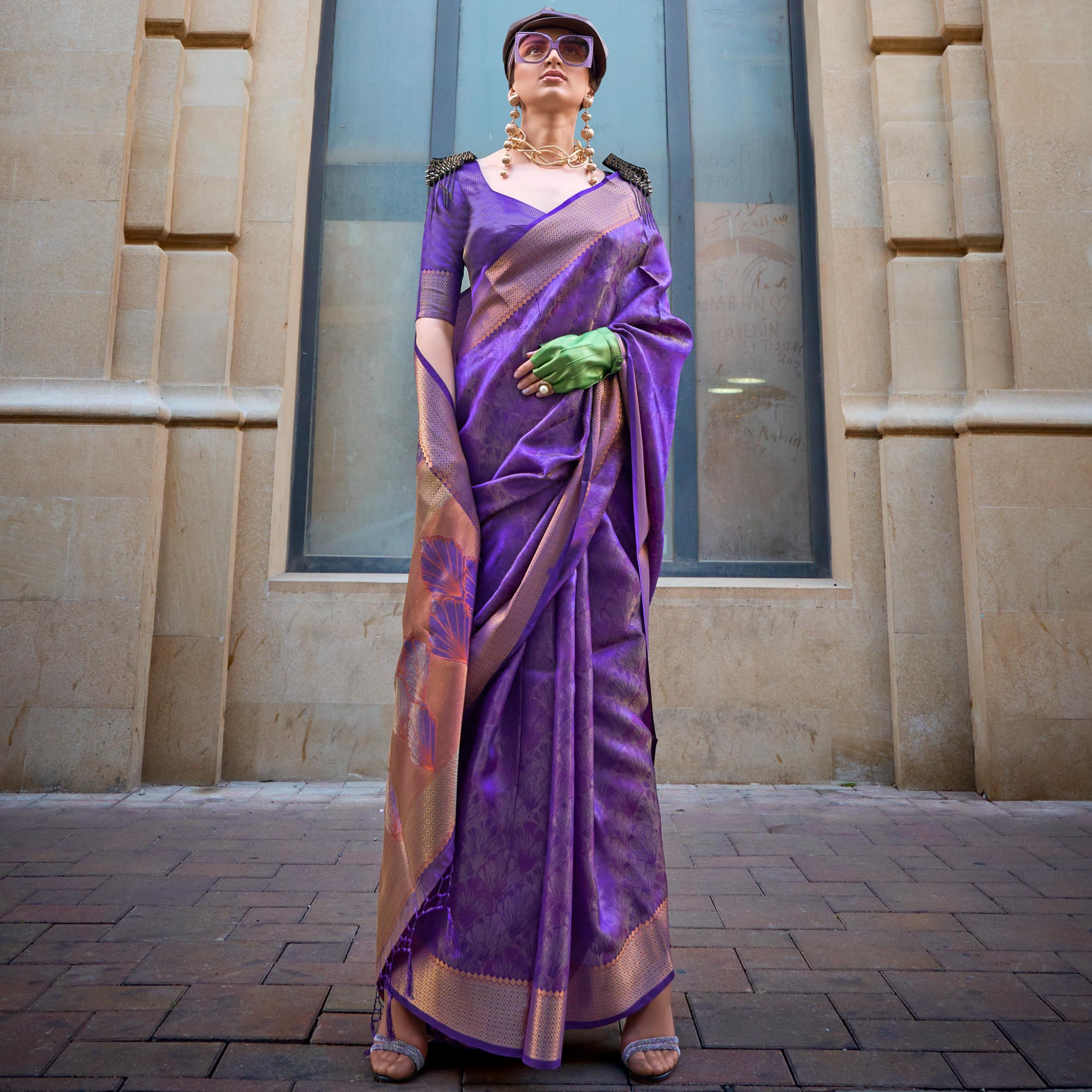 Purple Zari Woven Organza Saree Tassels