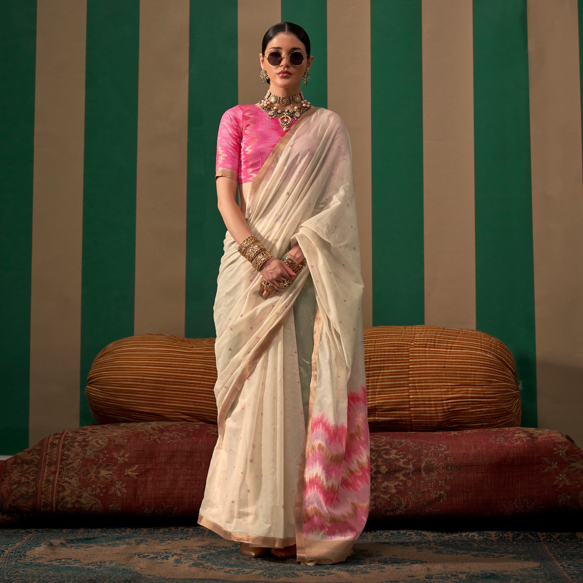 Cream Woven Cotton Silk Saree