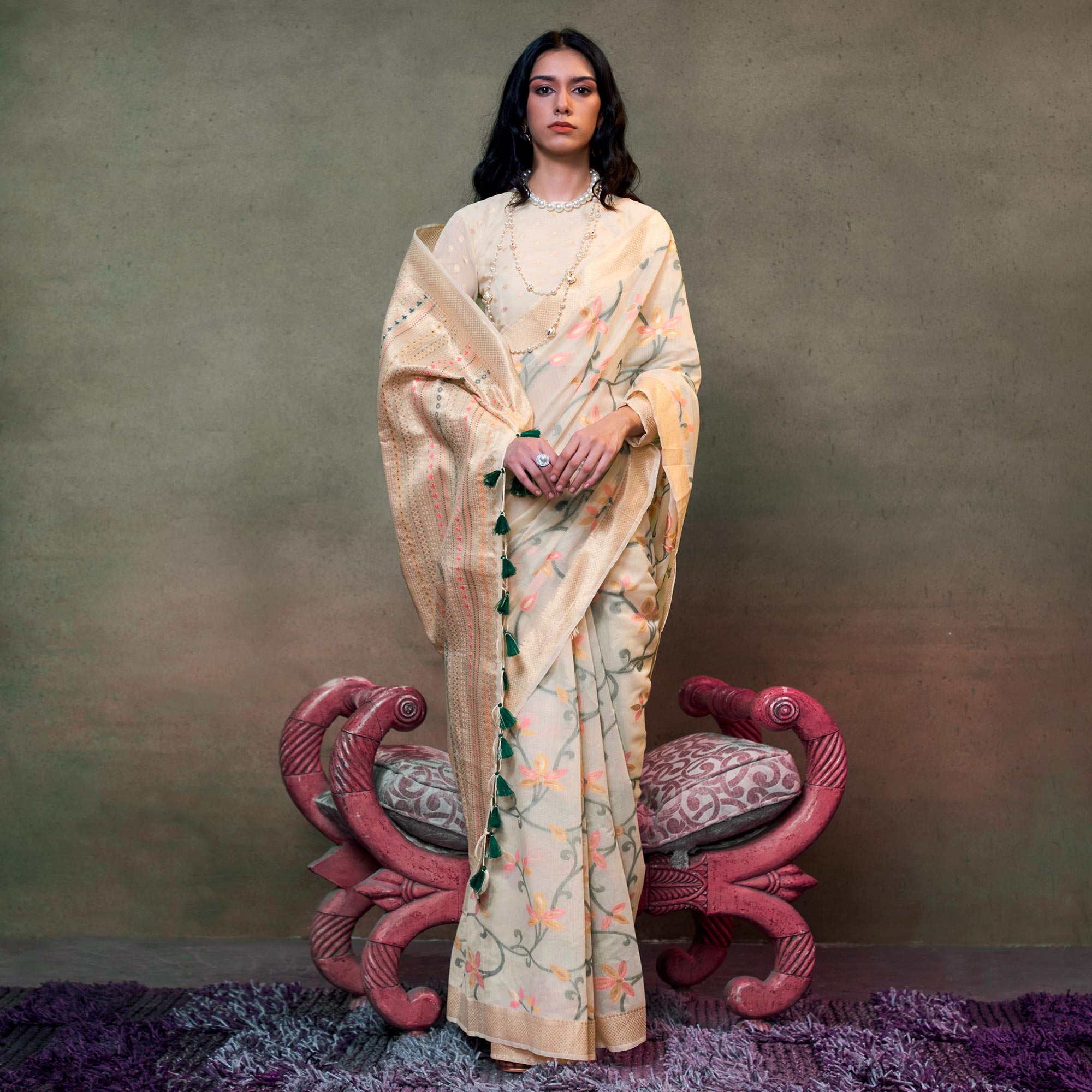 Off White Floral Woven Cotton Silk Saree With Tassels