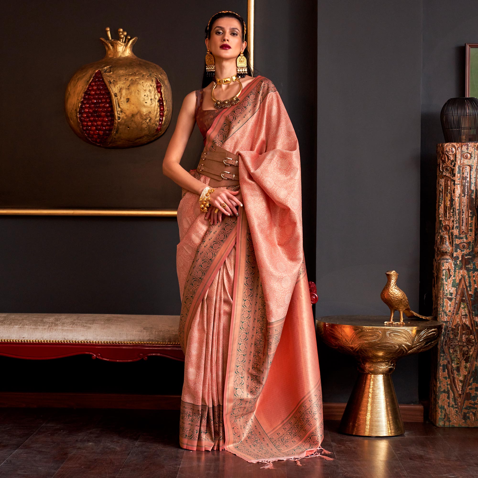 Peach Floral Woven Art Silk Saree With Tassels