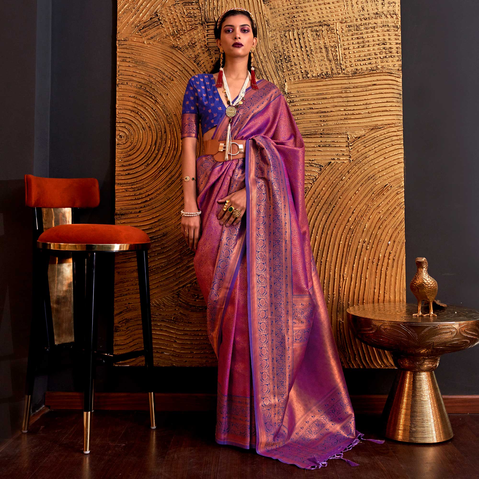 Purple Floral Woven Art Silk Saree With Tassels