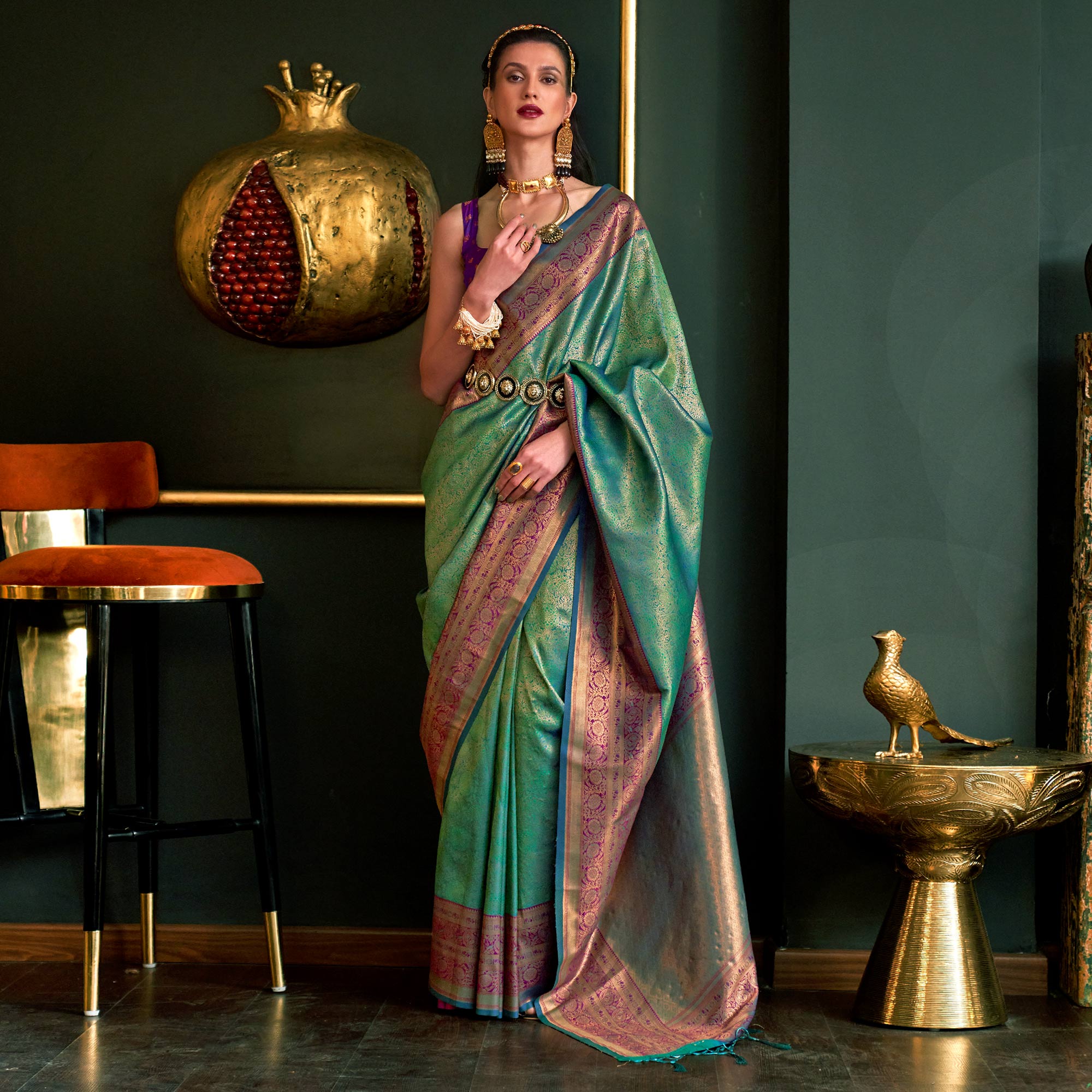 Green Floral Woven Art Silk Saree With Tassels