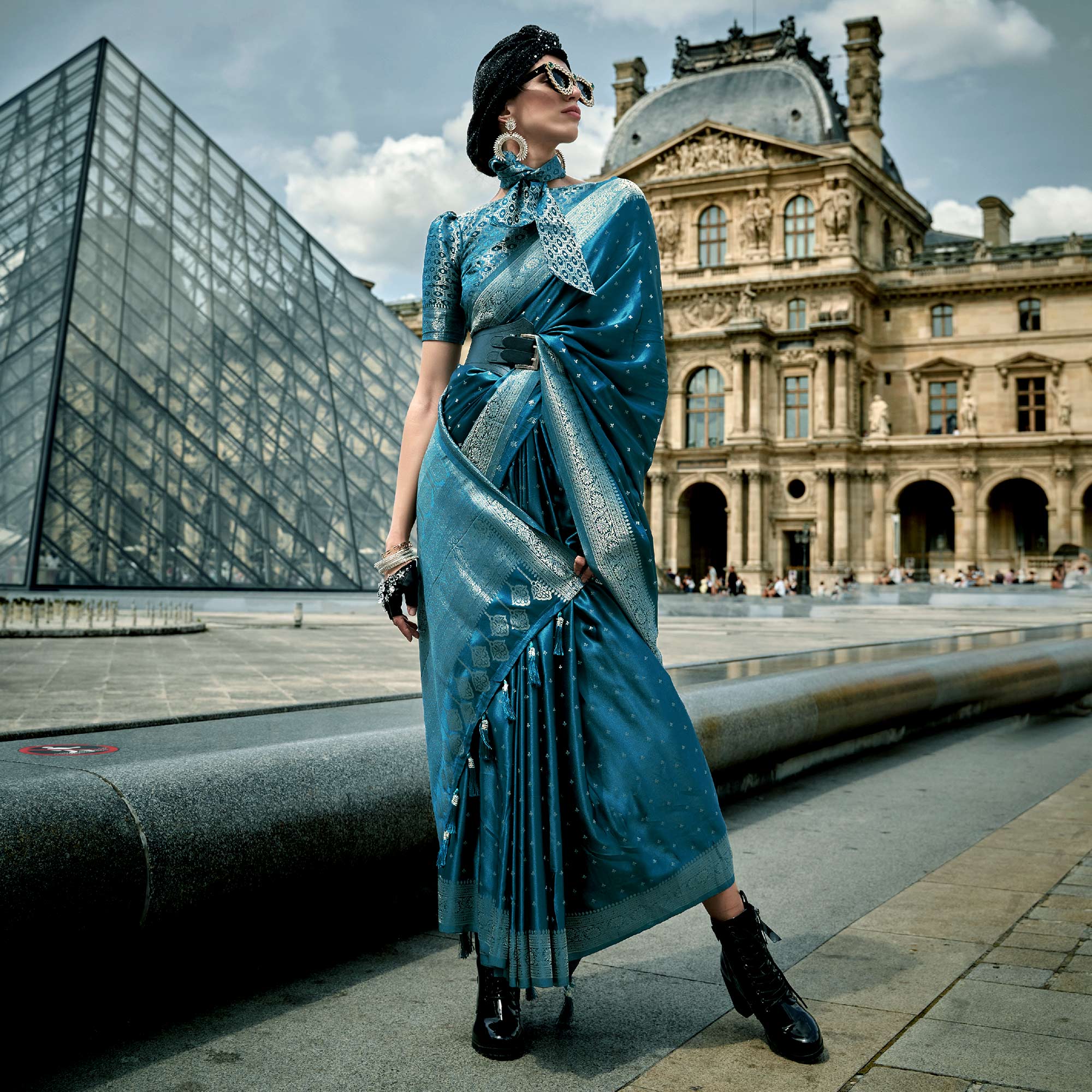 Teal Zari Woven Satin Saree With Tassels