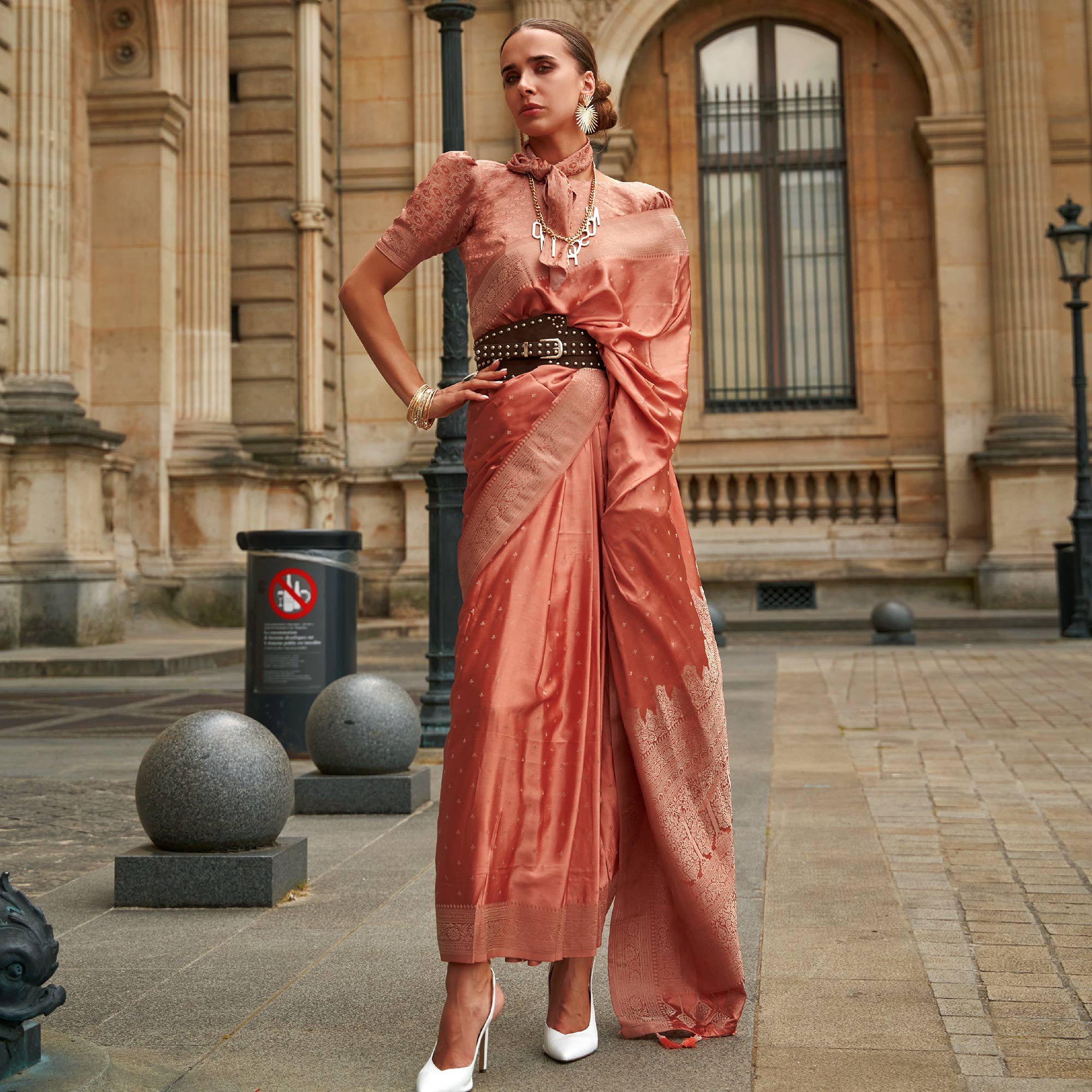 Peach Zari Woven Satin Saree With Tassels