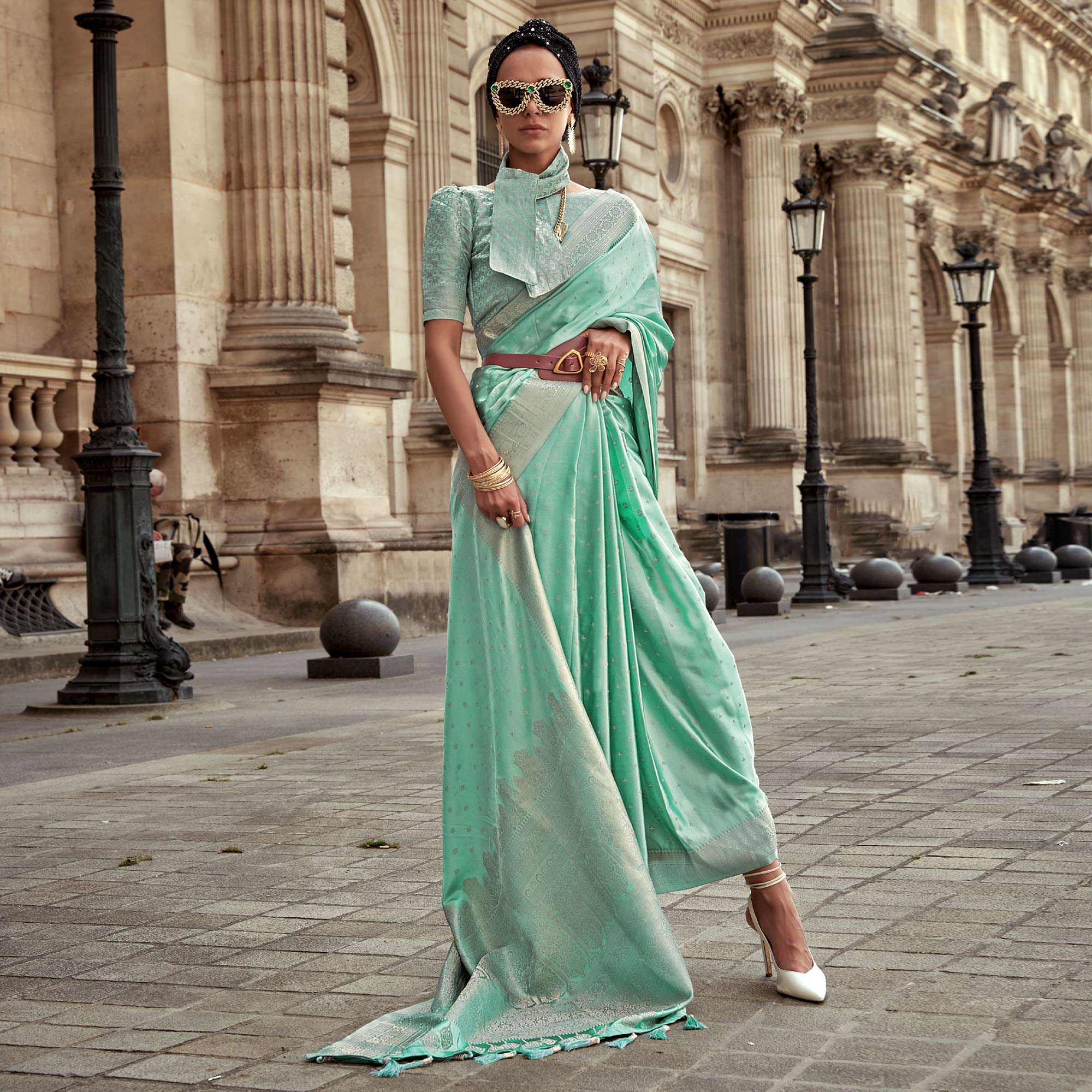 Sea Green Zari Woven Satin Saree With Tassels