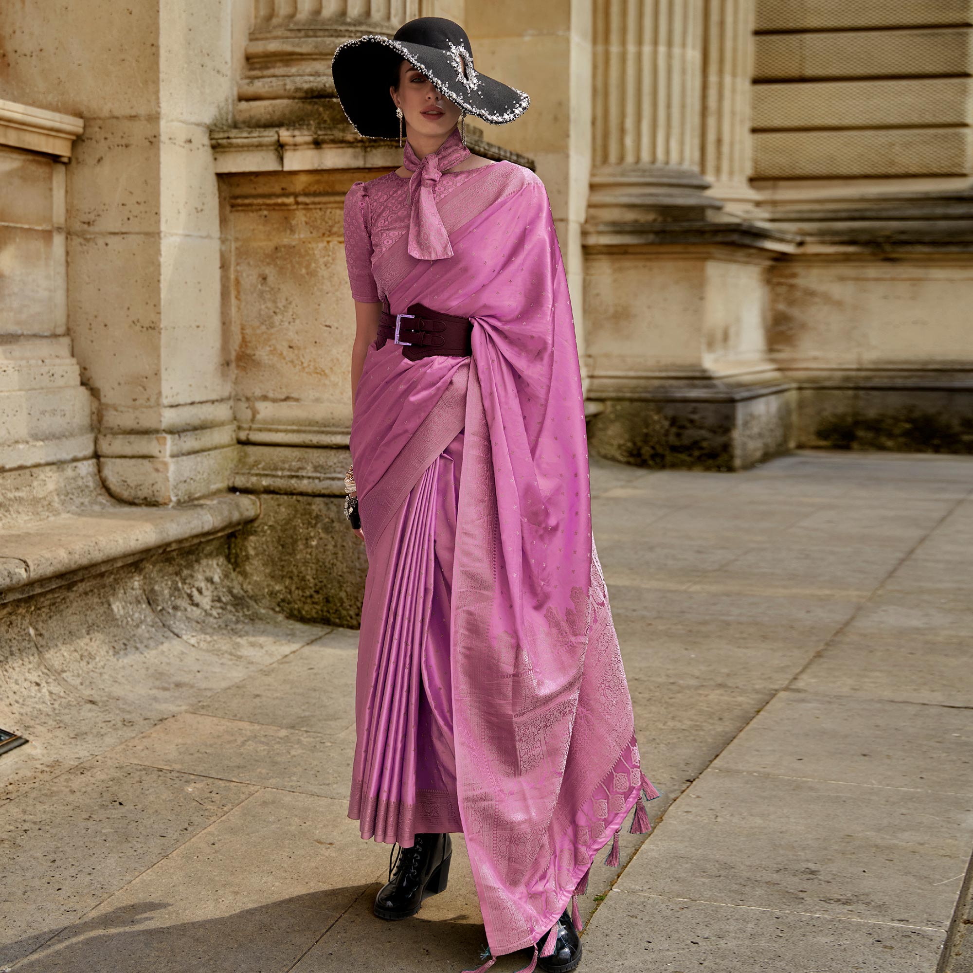 Pink Zari Woven Satin Saree With Tassels