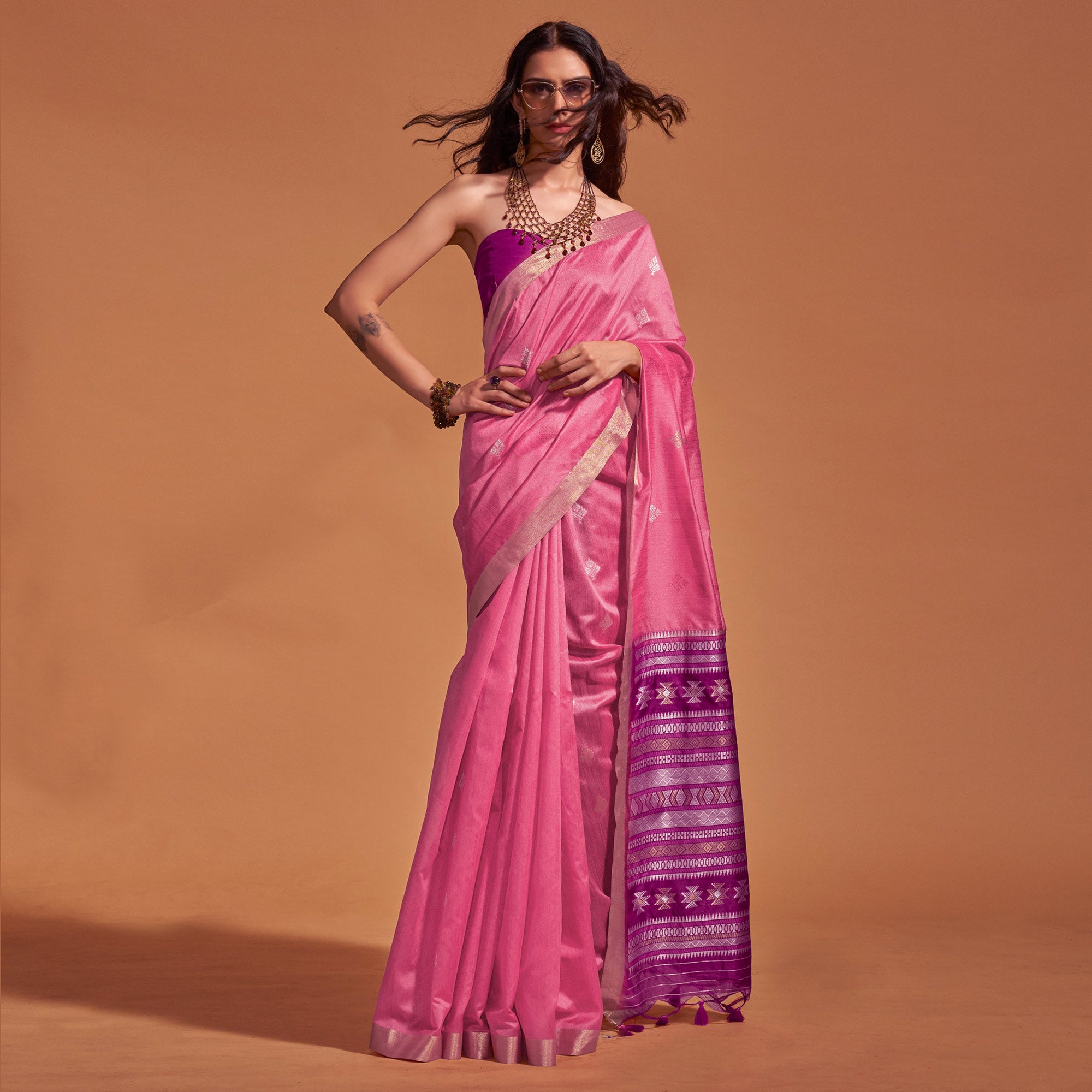 Pink Woven Art Silk Saree With Tassels