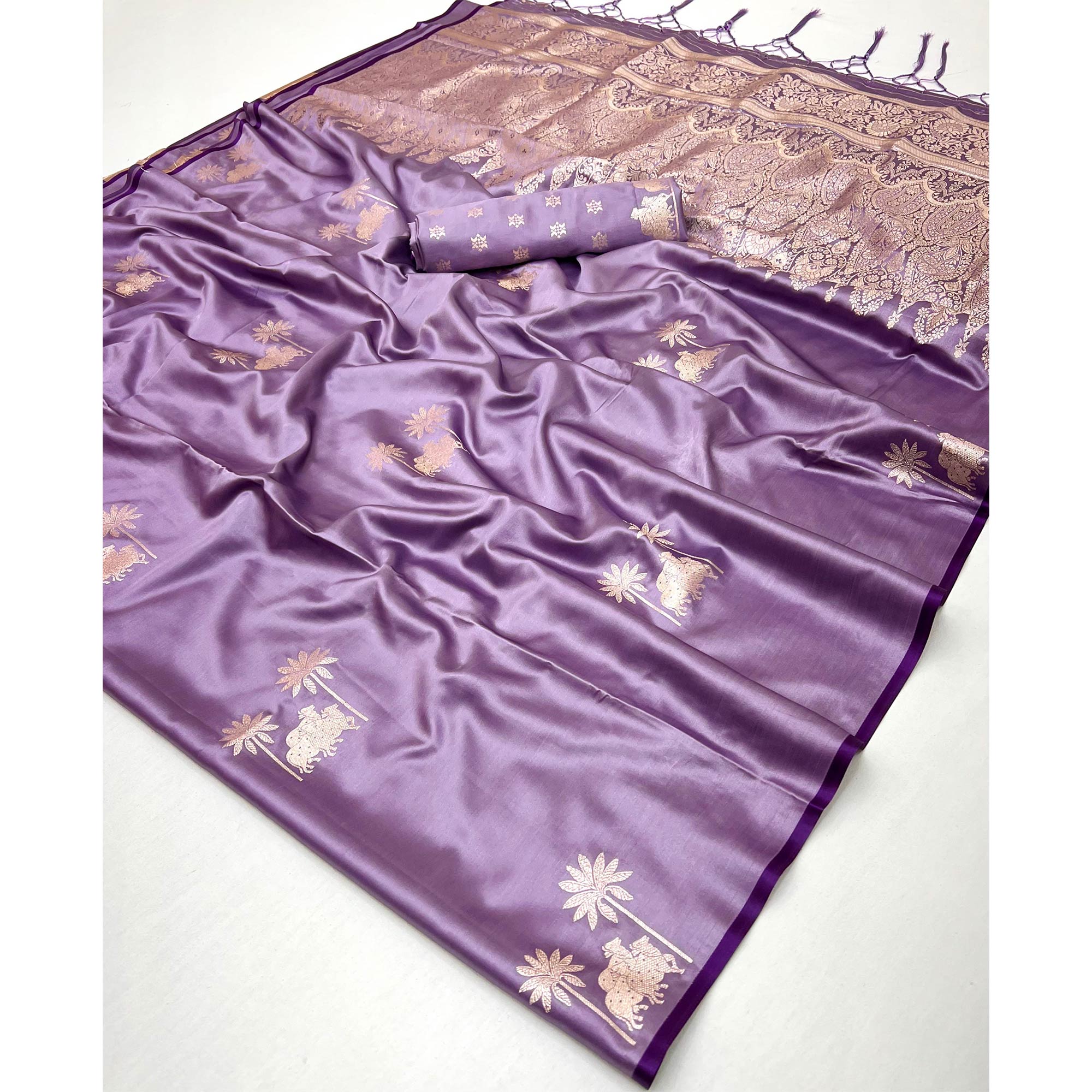 Purple Satin Silk Saree with Exquisite Floral Zari Weaving & Graceful Tassel Detailing