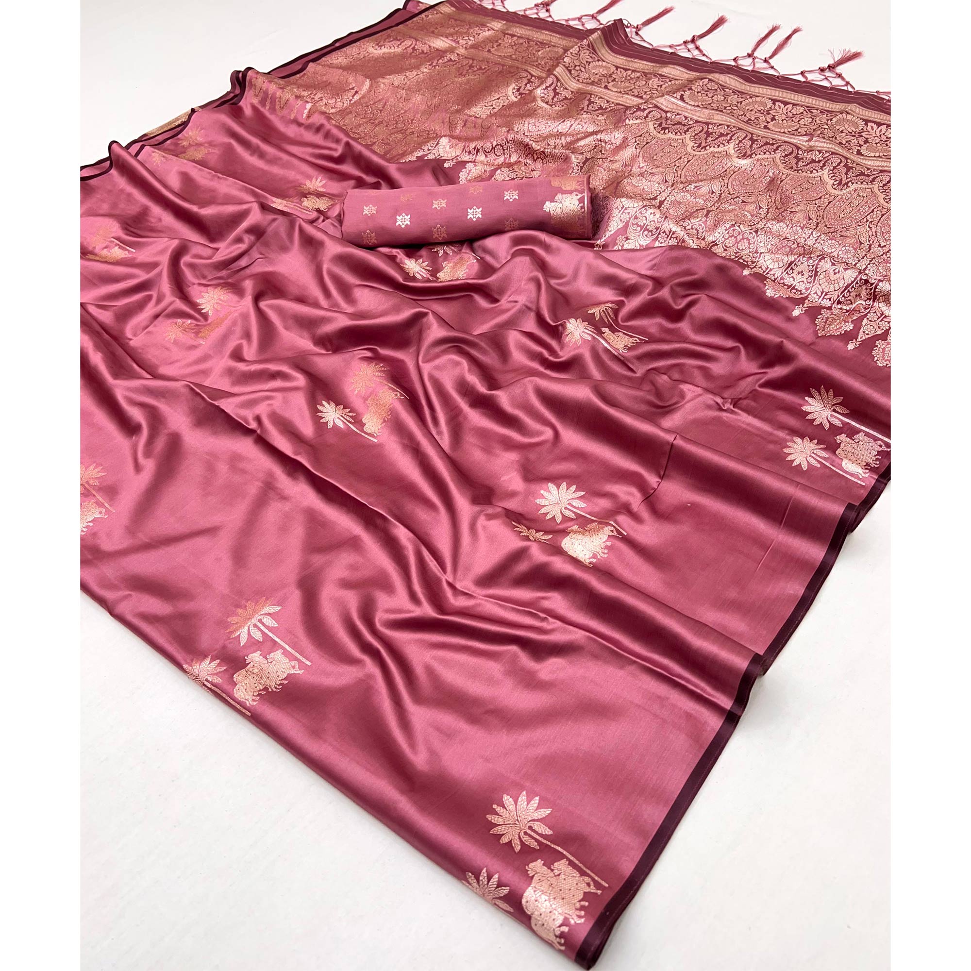 Peach Satin Silk Saree with Exquisite Floral Zari Weaving & Graceful Tassel Detailing
