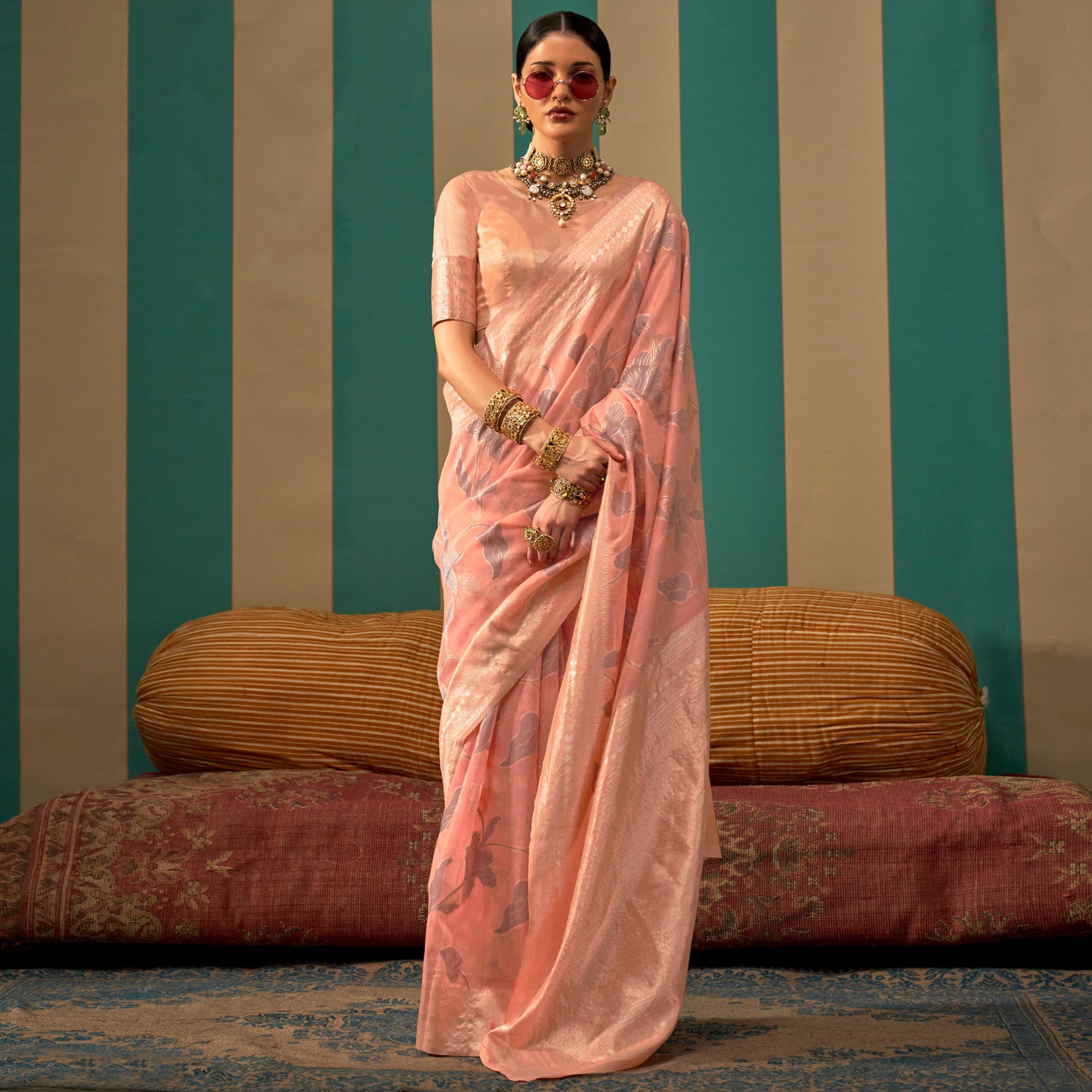 Peach Floral Woven Linen Saree With Zari Work