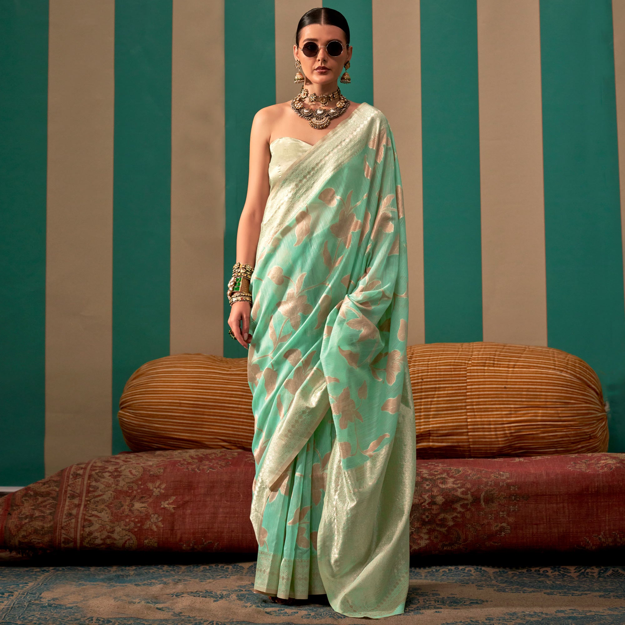 Sea Green Floral Woven Linen Saree With Zari Work