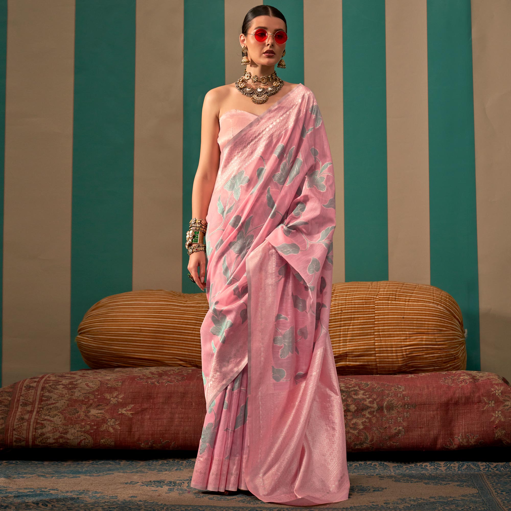 Pink Floral Woven Linen Saree With Zari Work