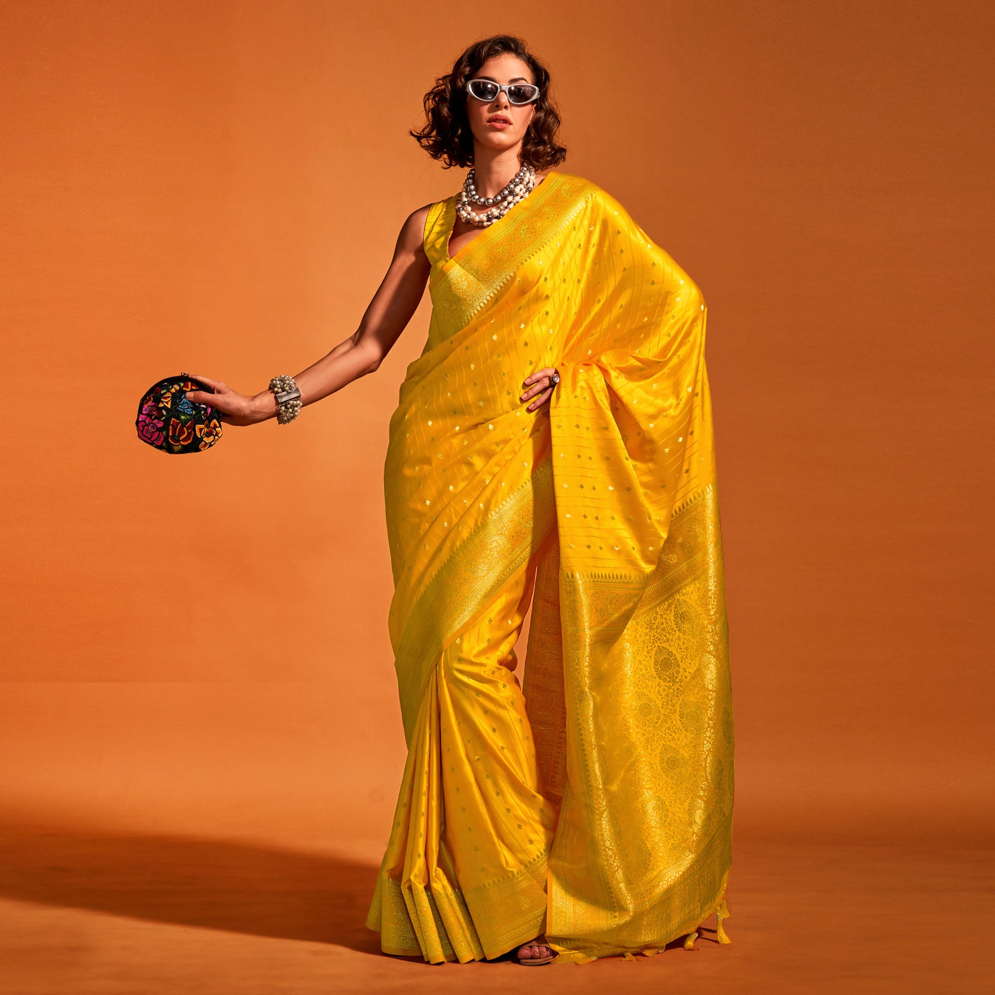 Yellow Woven Zari Border Satin Saree With Tassels